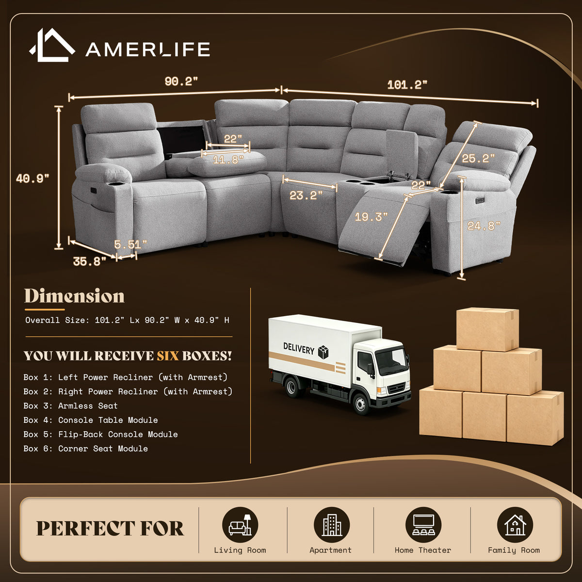 L-Shaped Power Reclining Sectional Sofa with Console-5-Seat L-Shaped-Light Grey