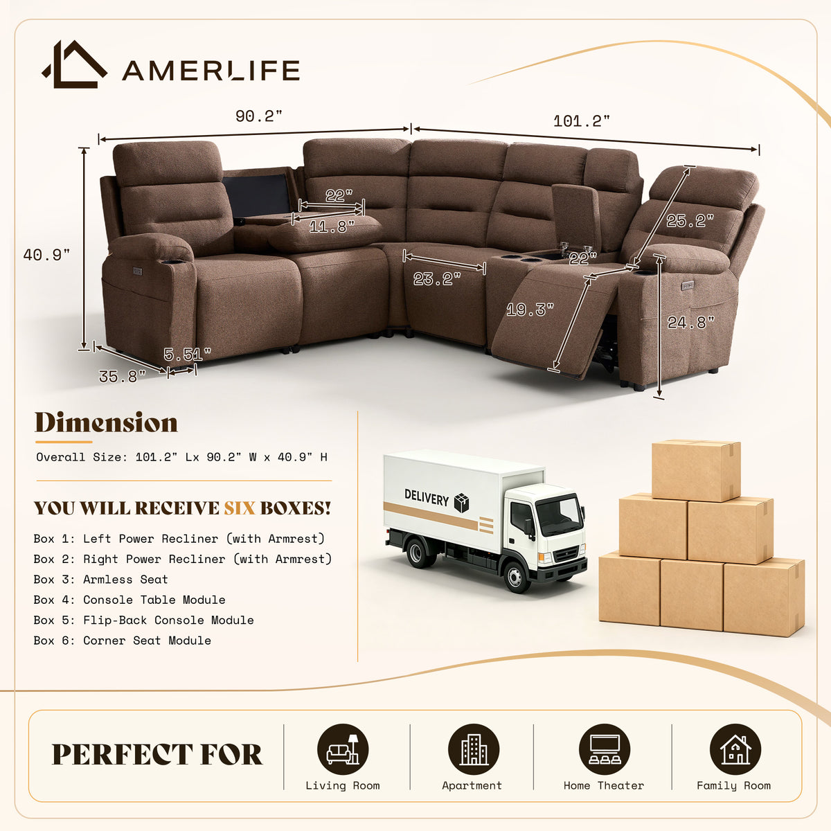 L-Shaped Power Reclining Sectional Sofa with Console-5-Seat L-Shaped-Brown