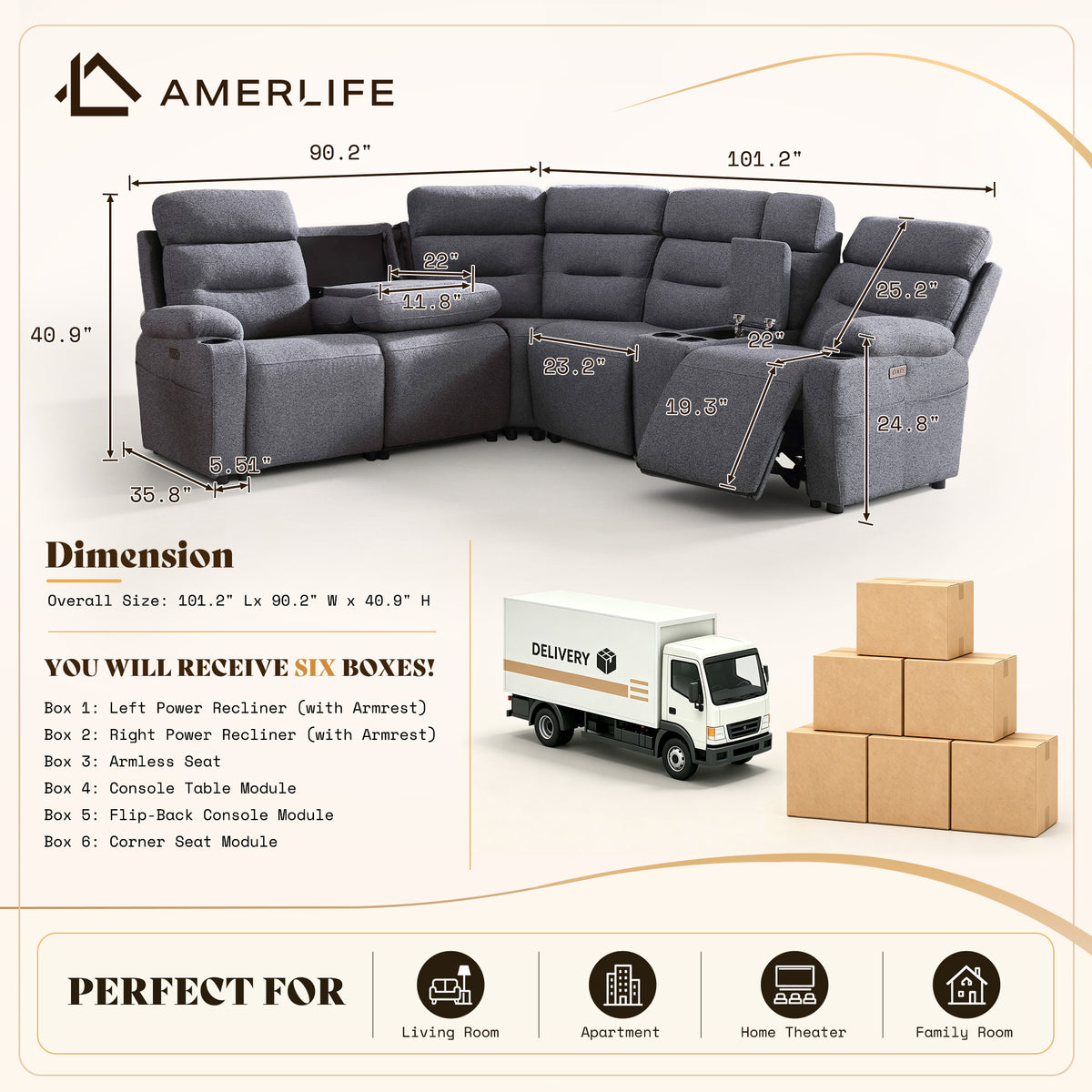 L-Shaped Power Reclining Sectional Sofa with Console-5-Seat L-Shaped-Dark Grey