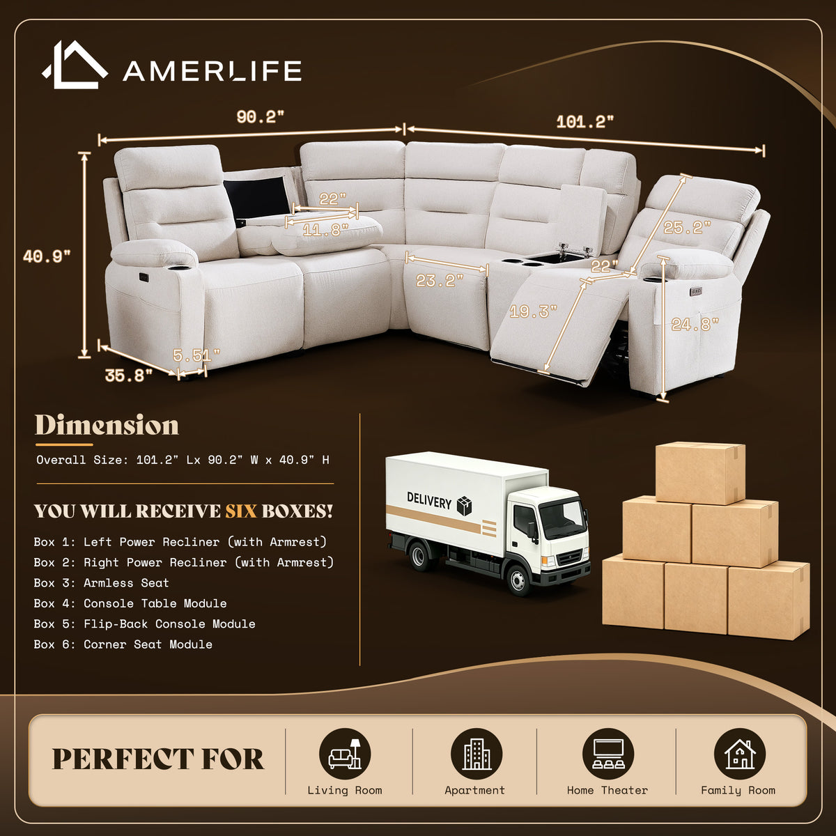 L-Shaped Power Reclining Sectional Sofa with Console-5-Seat L-Shaped-Beige