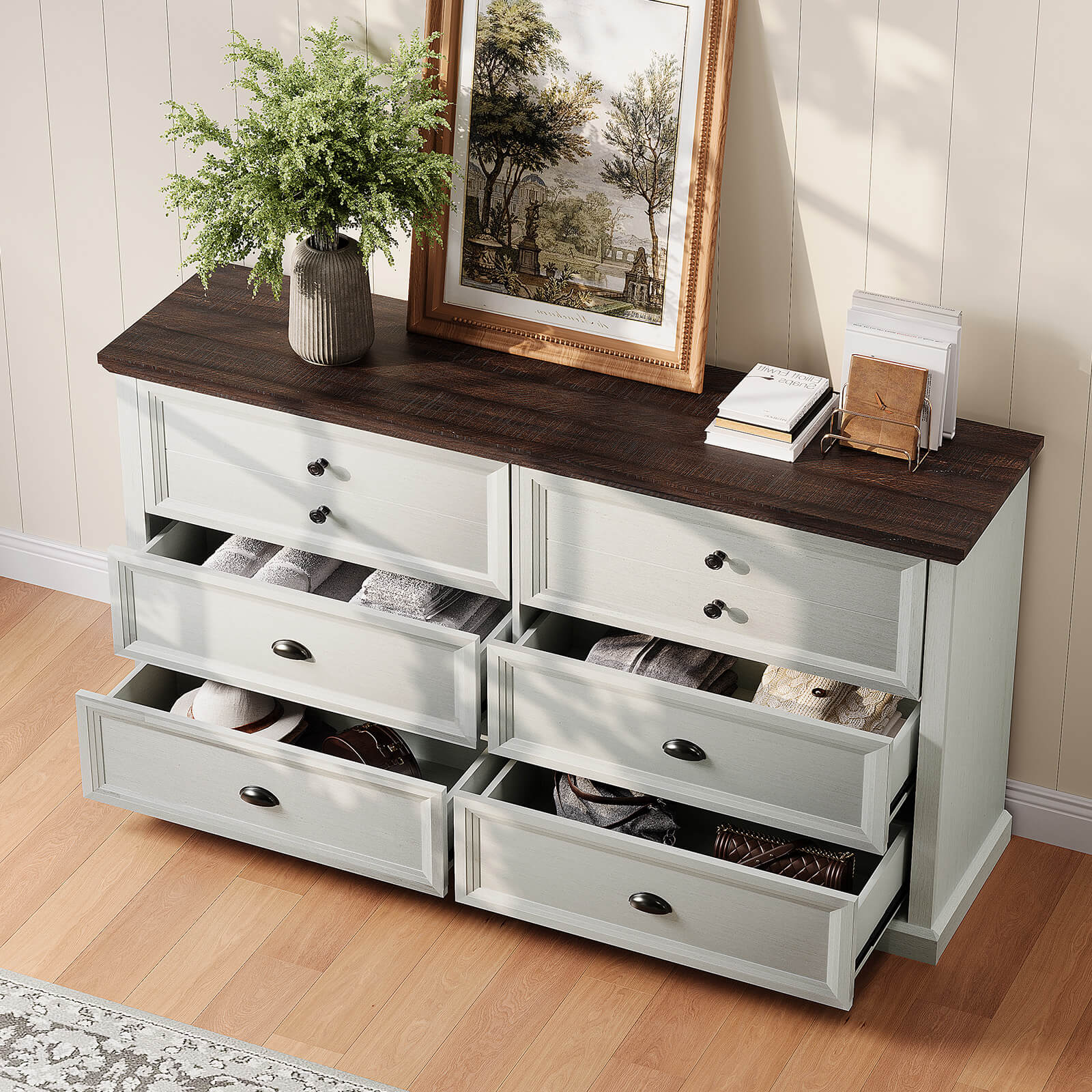 Dresser for Bedroom, Farmhouse 6 Drawer Dresser, TV Stand for Bedroom, Dressers & Chests of Drawers, Living Room Organizer with Storage Drawers Amerlife Dresser for Bedroom, Farmhouse 6 Drawer Dresser, TV Stand for Bedroom, Dressers & Chests of Drawers, Living Room Organizer with Storage Drawers Amerlife