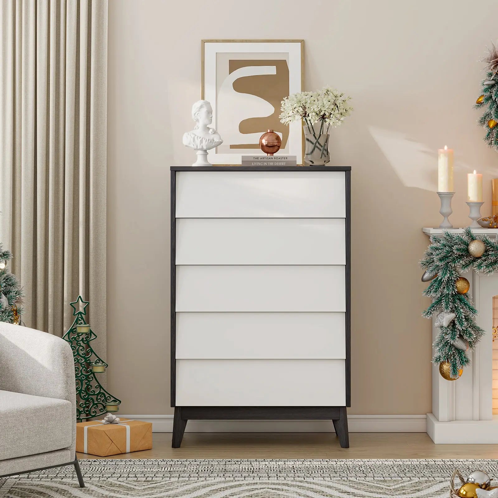 living room dresser Homall 5 Drawer Dresser, 31.5" Wide Tall Chest of Drawers, Large Capacity Storage with Anti-Tip Device & Smooth-Gliding Drawers for Bedroom Room, Black Cloaked in either pristine white or sleek black Noble House Paulille White Wood