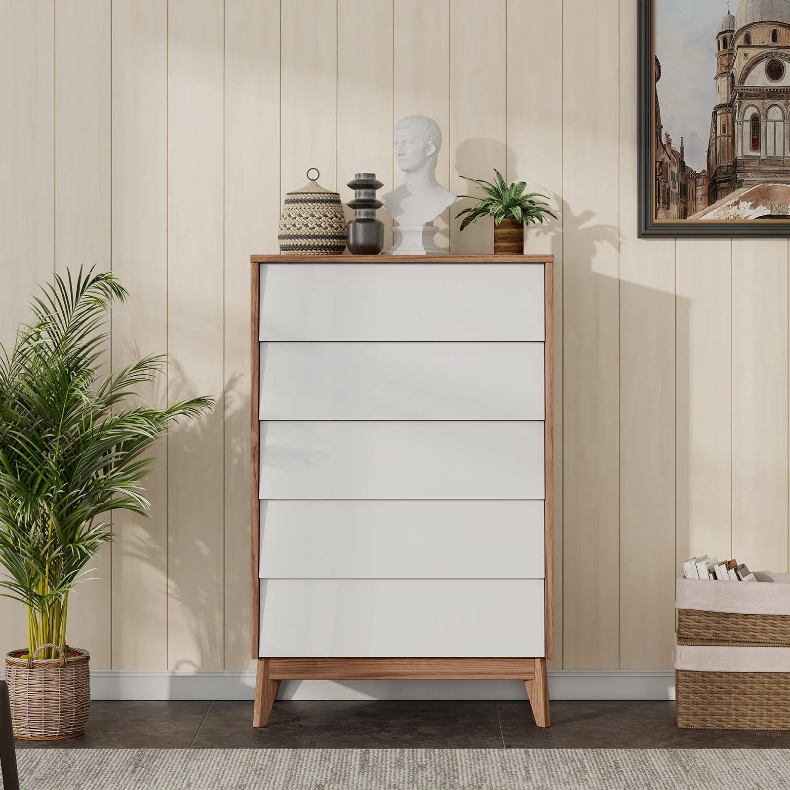 Amerlife Linton 5 Drawers Dresser for Bedroom, Modern Tall Dresser Chest of Drawers Handle Free, Storage Organizer Dresser, Wood Dresser for Bedroom, Living Room Amerlife Linton 5 Drawers Dresser for Bedroom, Modern Tall Dresser Chest of Drawers Handle Free, Storage Organizer Dresser, Wood Dresser for Bedroom, Living Room