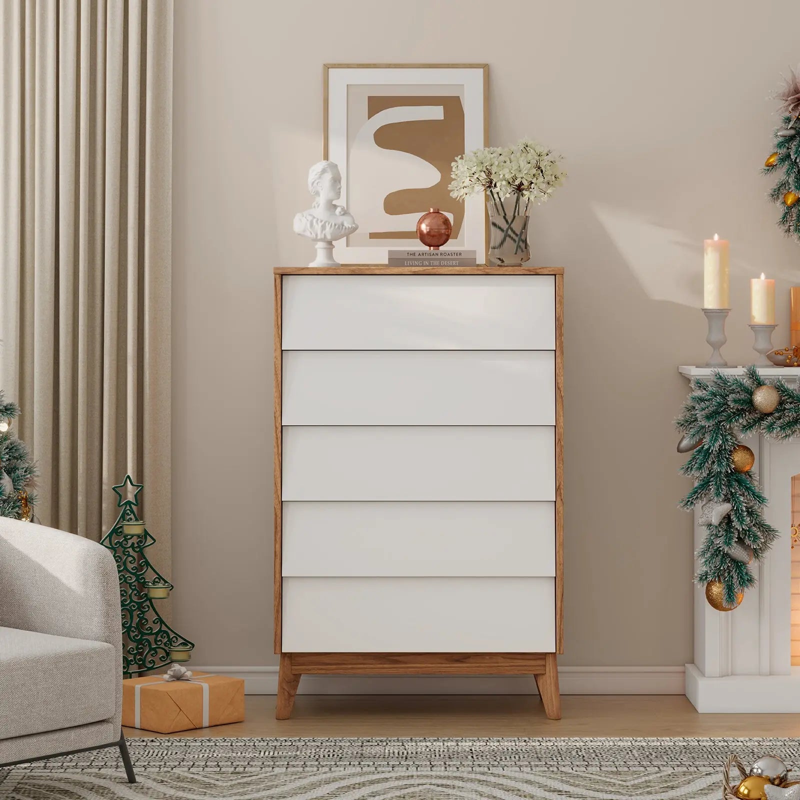 5 drawer wood dresser 48" Tall Farmhouse Dresser, Chest of Drawers for Bedroom adding warmth and sophistication to your space Enso 5-Drawer Upright Dresser -