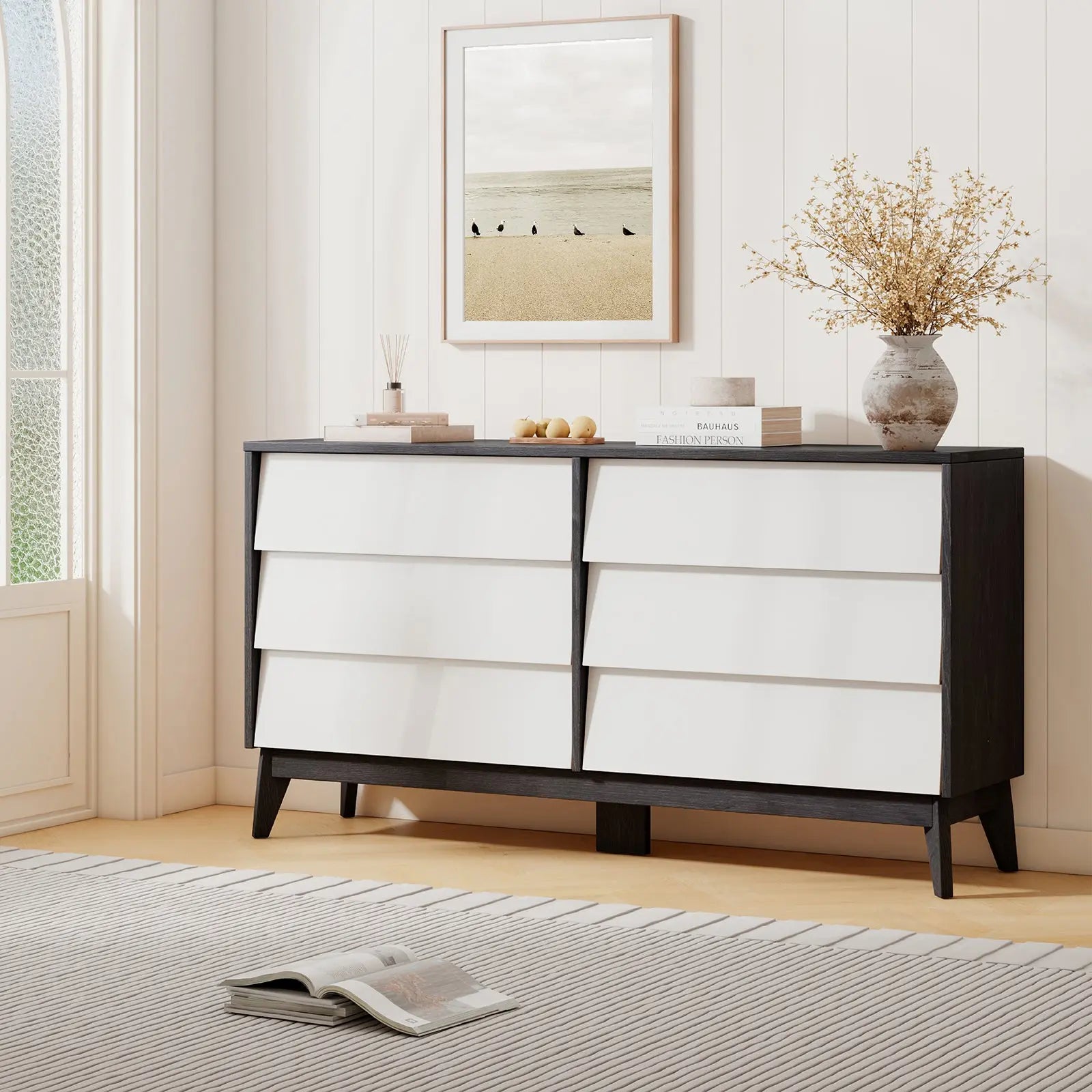 Amerlife Linton 5 Drawers Dresser for Bedroom Modern Tall Dresser Chest of Drawers Handle Free Storage Organizer Dresser Wood Dresser for Bedroom Living Room