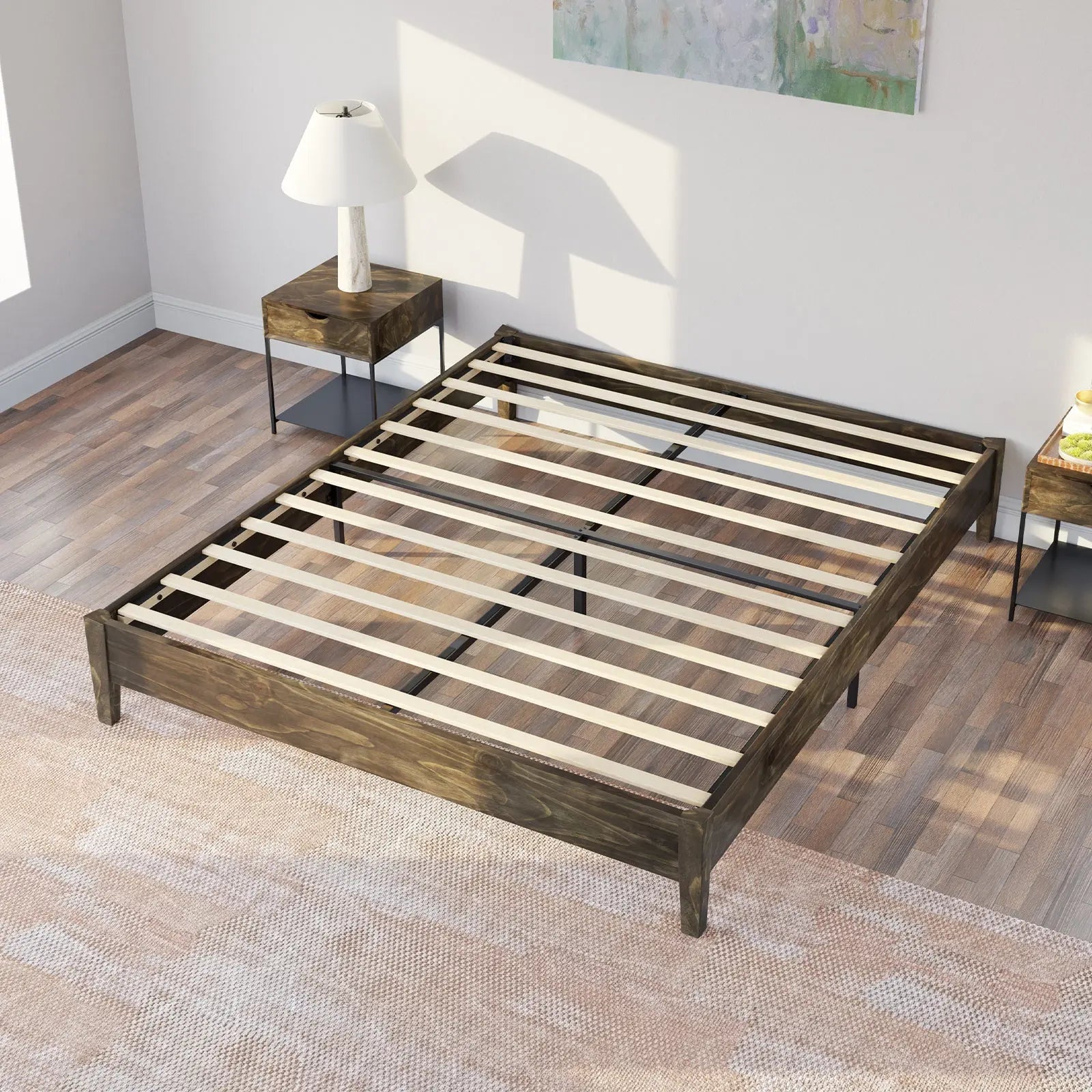 AMERLIFE Lonestar Queen Bed Frame Mid Century No Headboard Platform Solid Wood Bed Frame Natural