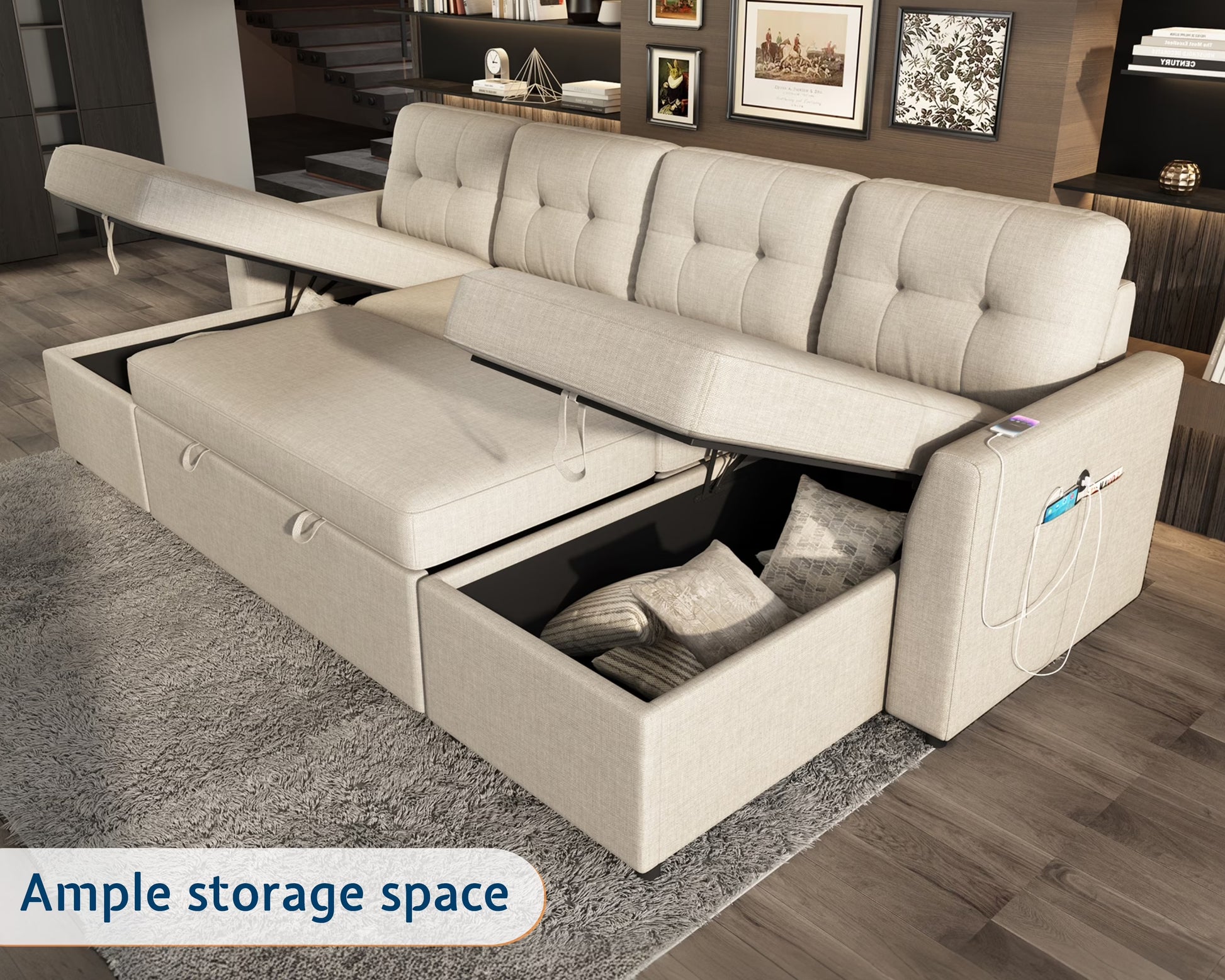 Sleeper Sofa Bed Amerlife Linen Beige / 4 Seats