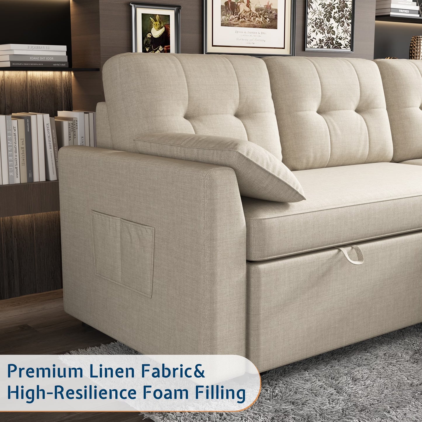 Sleeper Sofa Bed Amerlife Linen Beige / 4 Seats