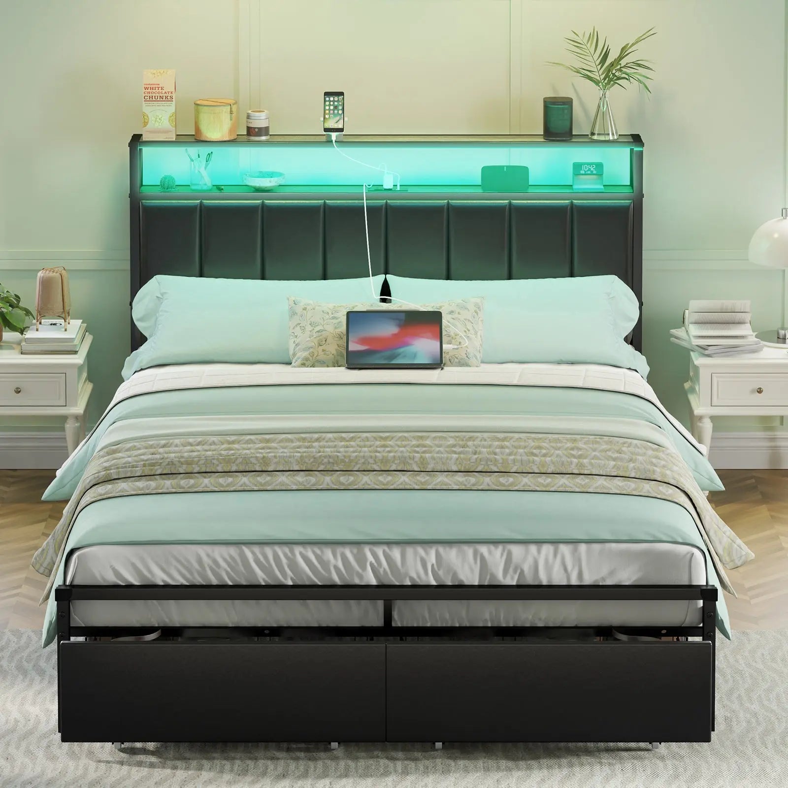 AMERLIFE Martinez Full Size LED Upholstered Smart Platform Storage Black