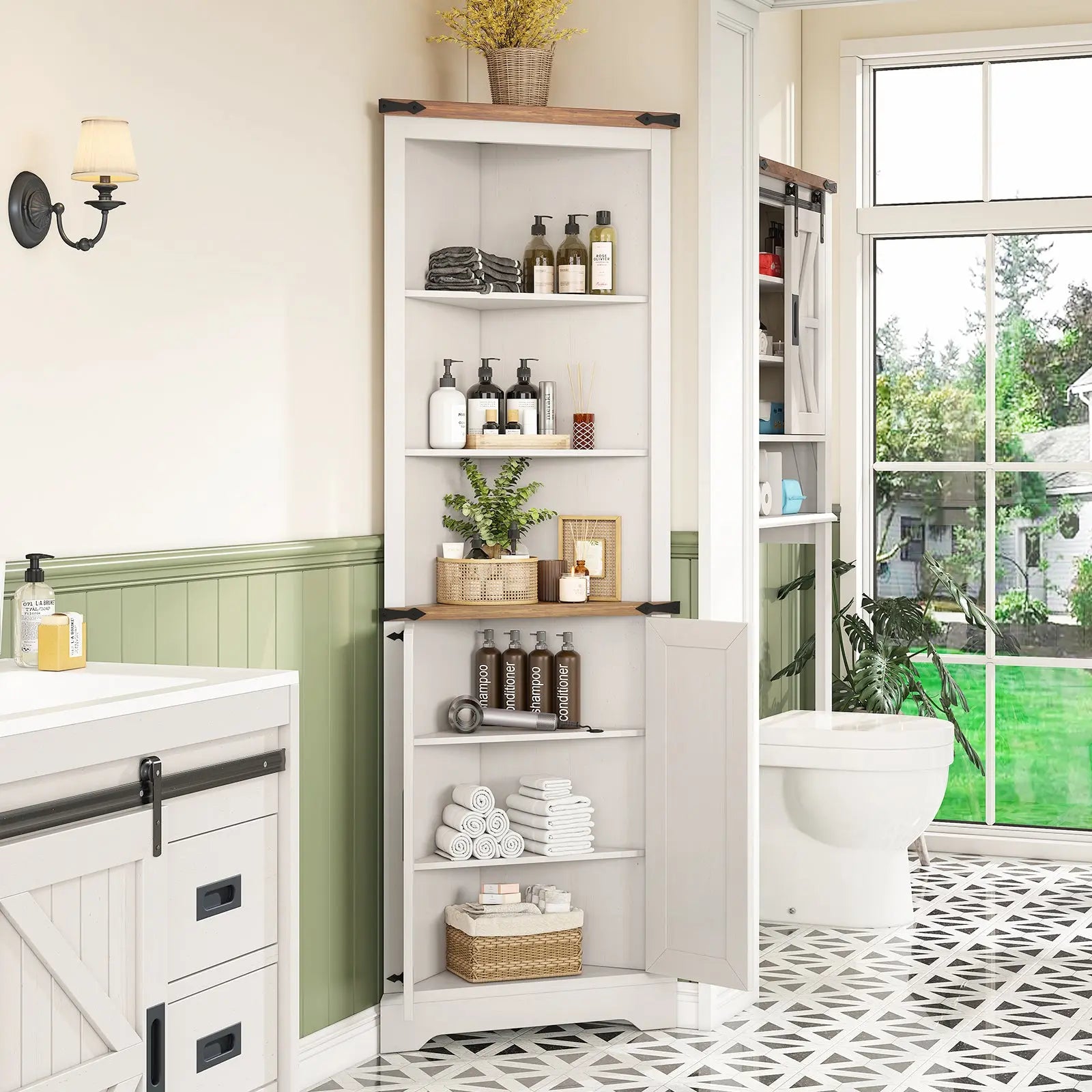 Amerlife Meadows 68 Tall Corner Cabinet Farmhouse Bathroom Corner Storage Cabinet