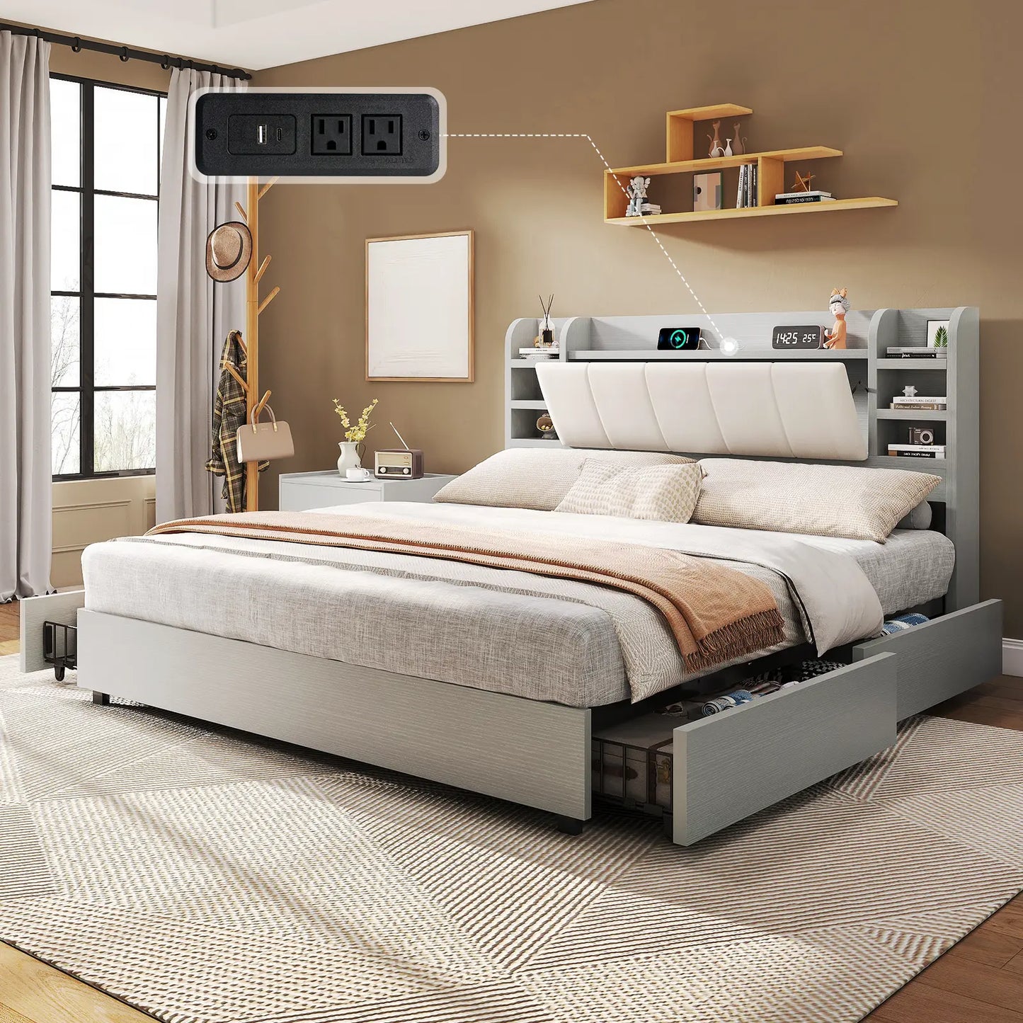 Merritt Wooden Storage Bed Frame -Queen / Light Gray