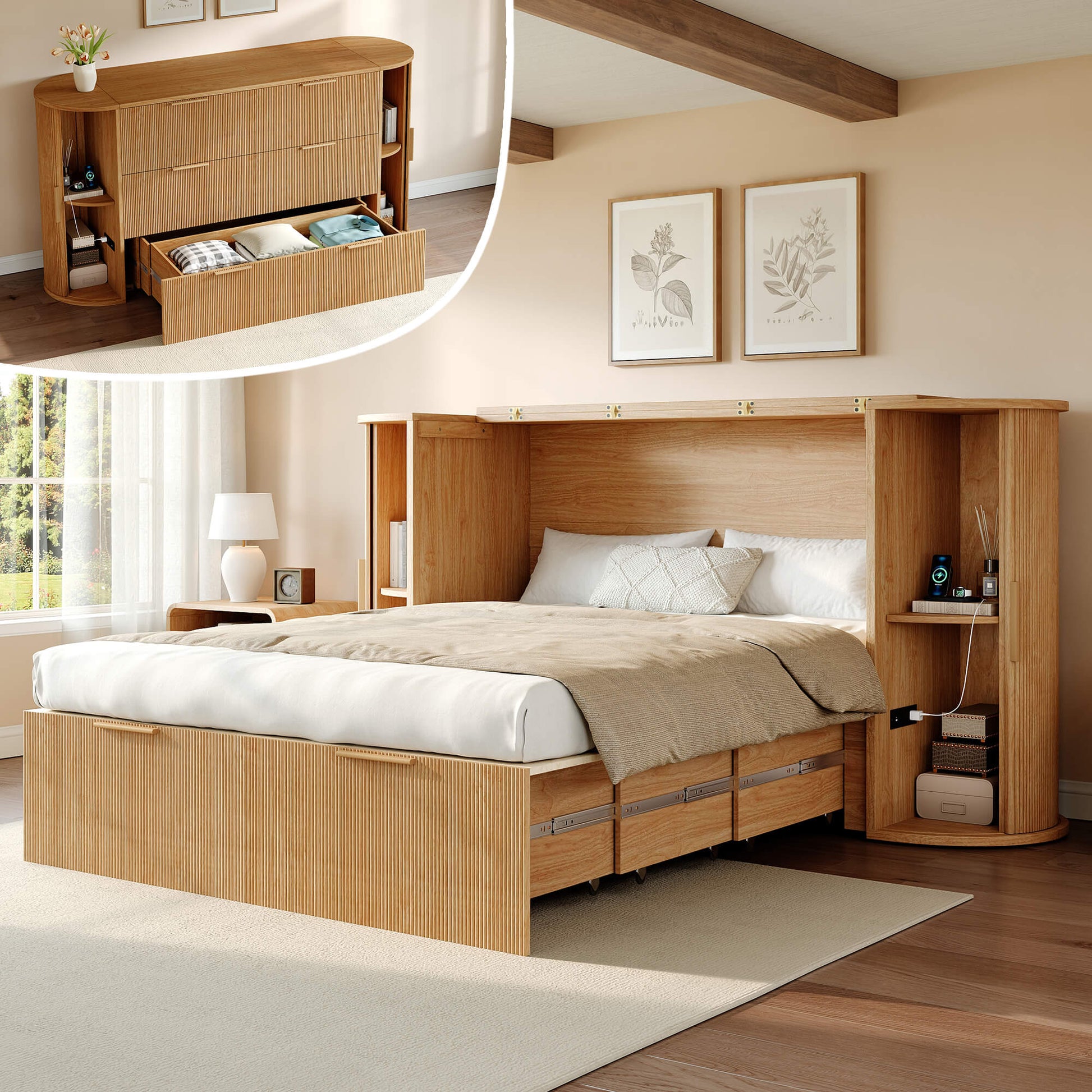 Amerlife Fluturo Storage Murphy Bed with Charging Station & Curved Fluted Design Full / Brown