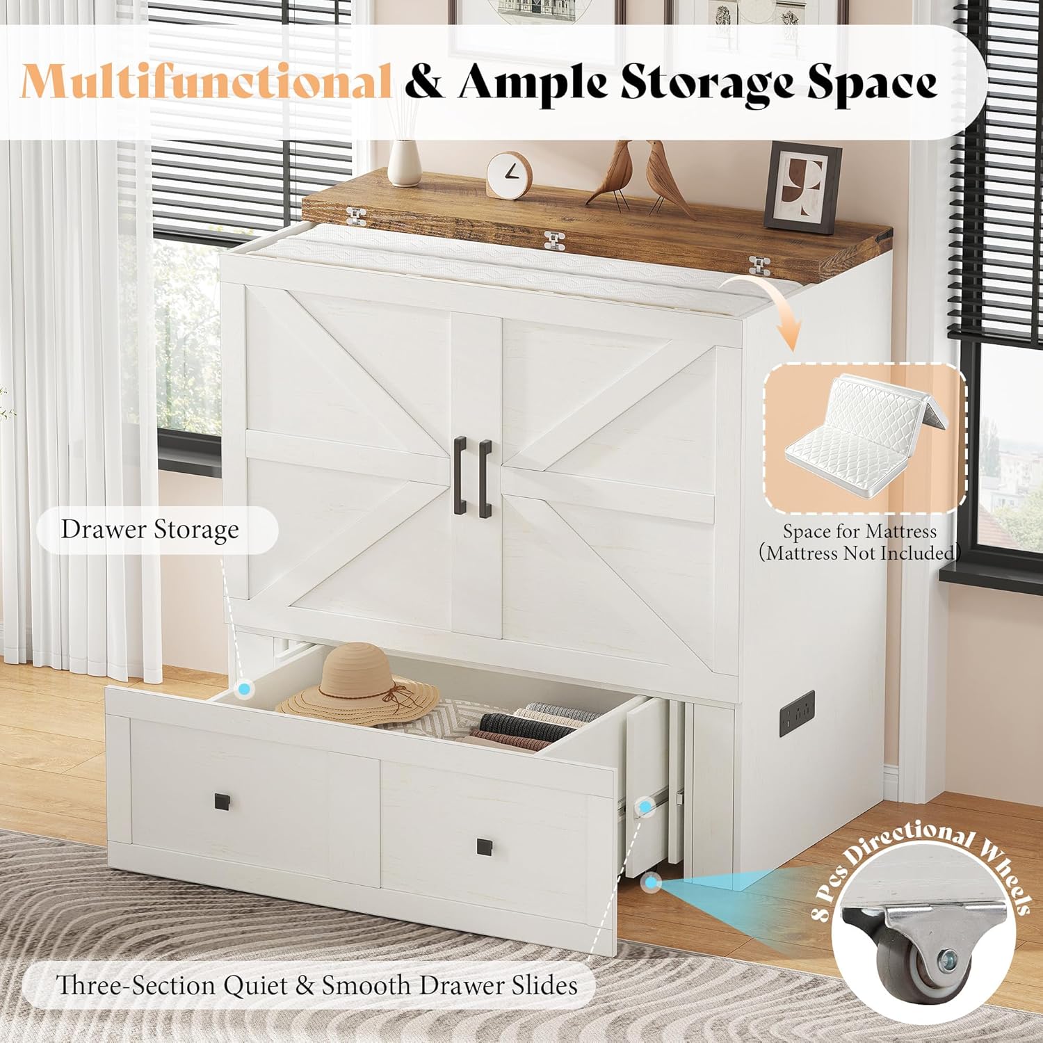 Colton Foldable Murphy Bed Amerlife Twin / Rustic White