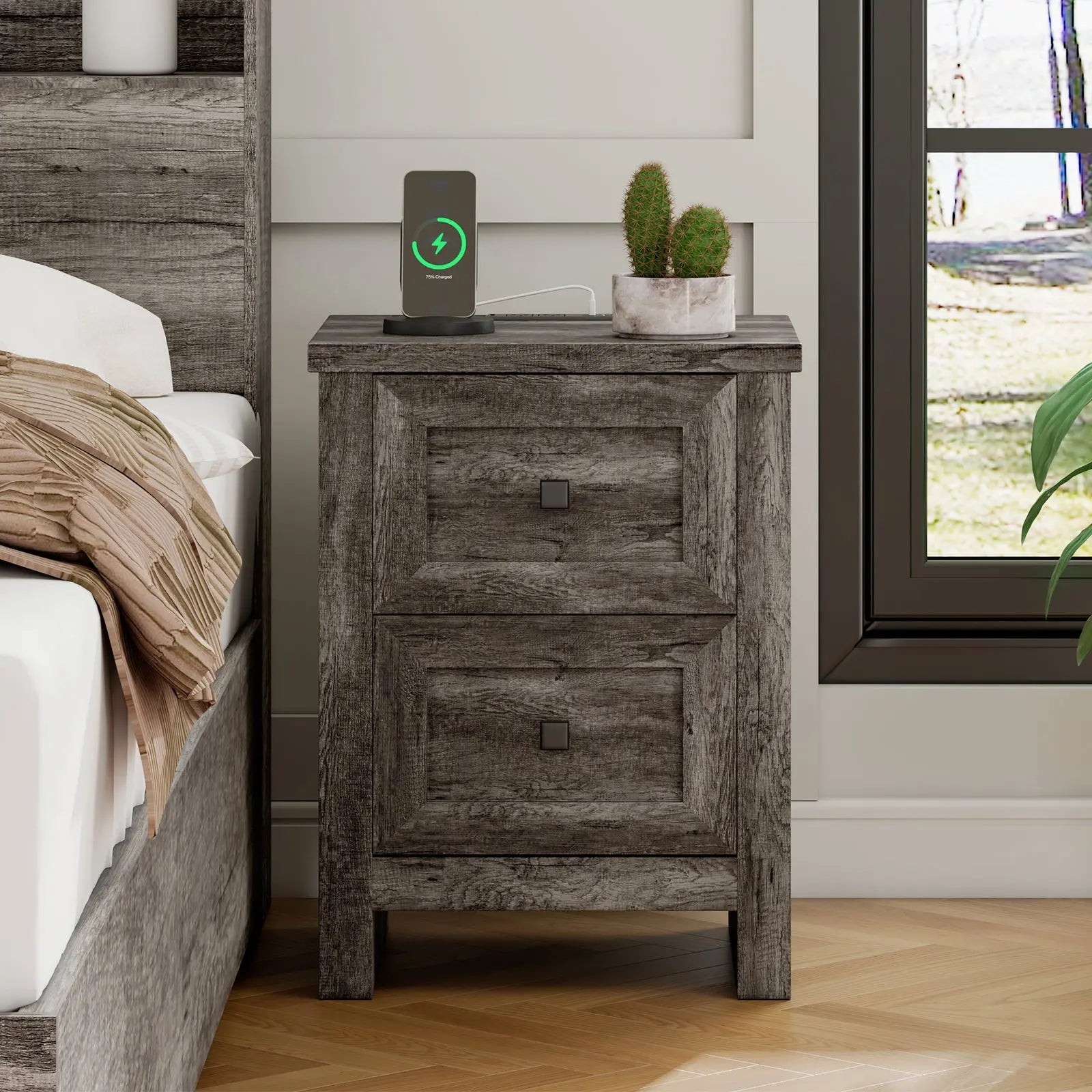AMERLIFE Harrar Nightstand Rustic Wood Storage End Table 2 Piece Side Table Set Rustic Grey