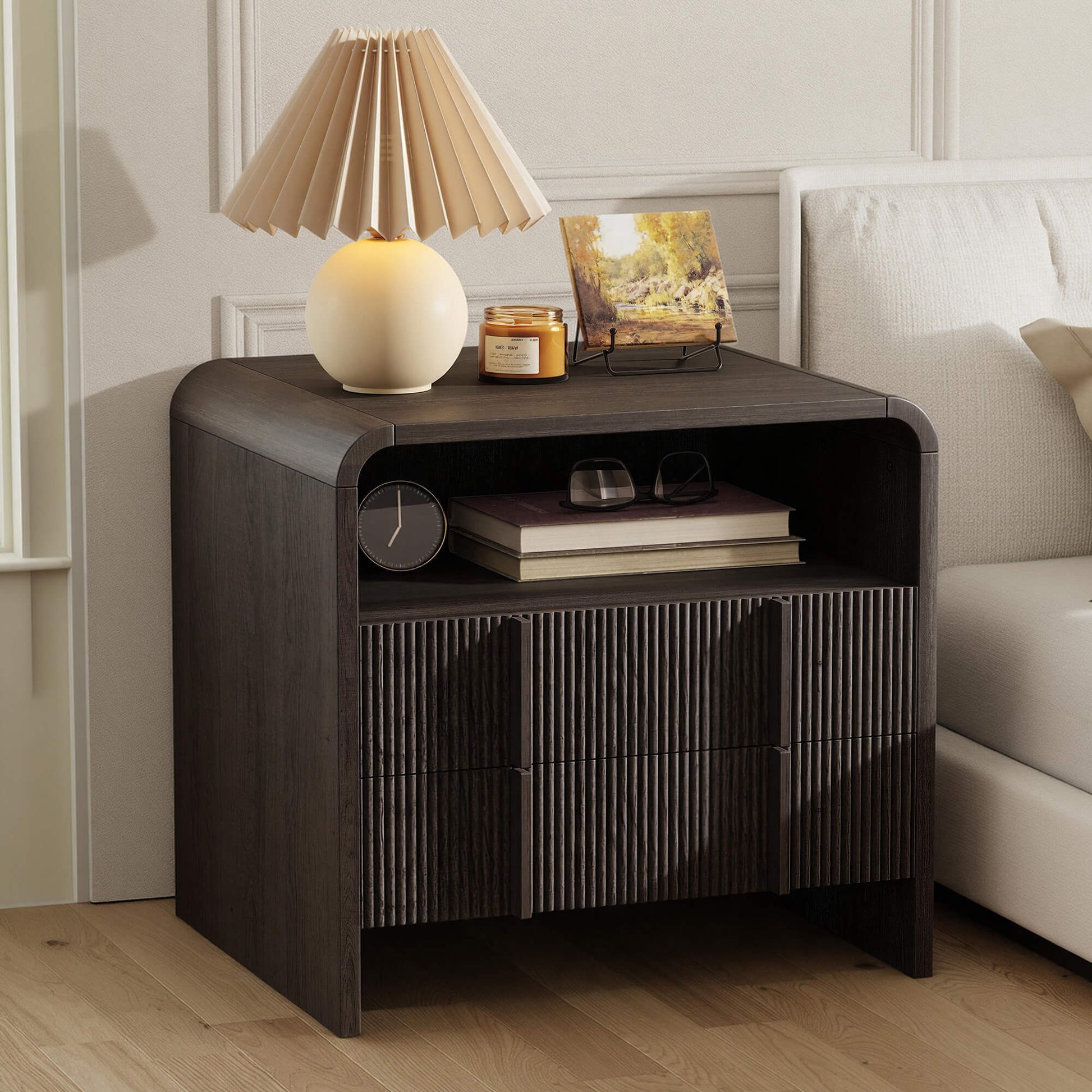 Fynora Fluted Nightstand with Drawers - Black