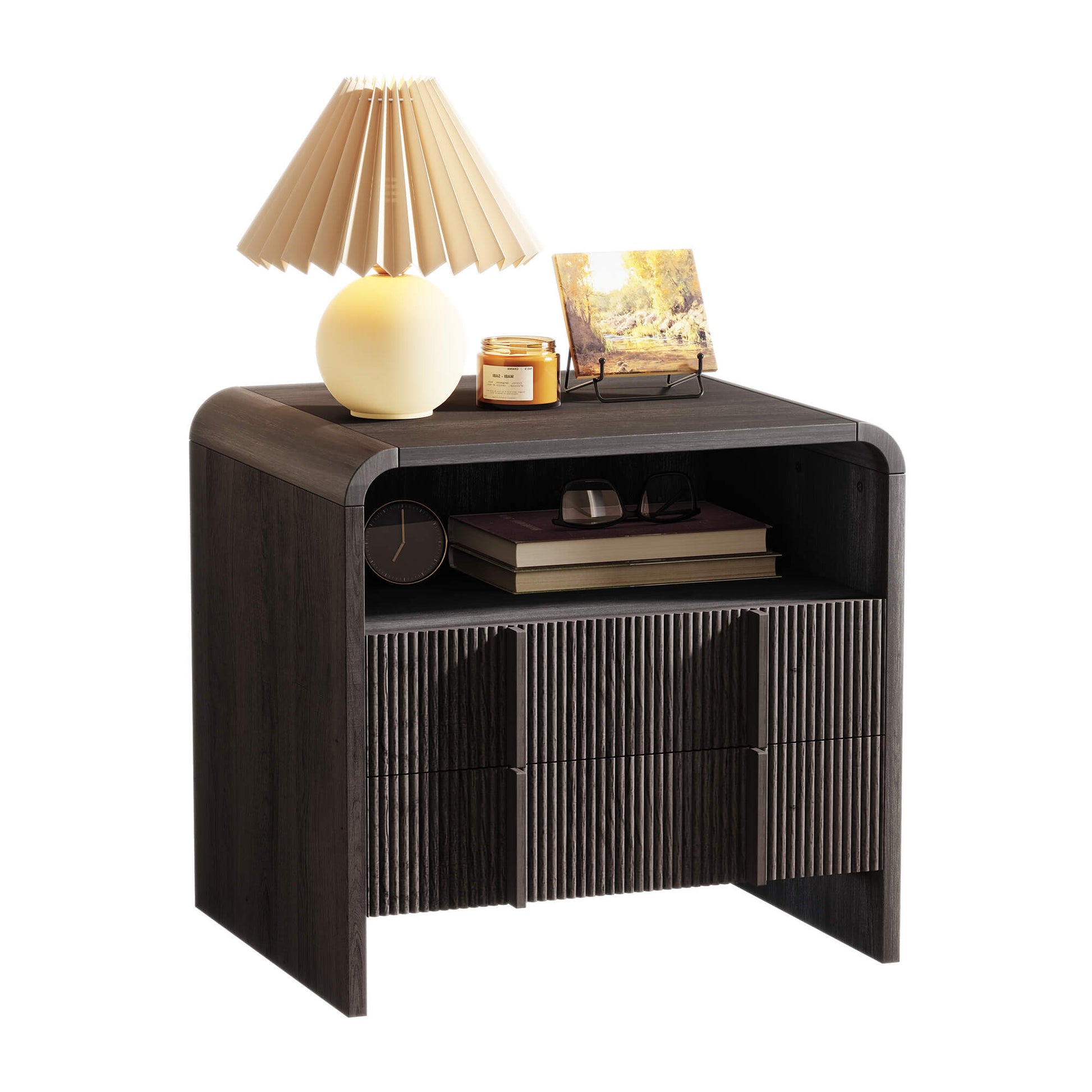 Fynora Fluted Nightstand with Drawers - Black