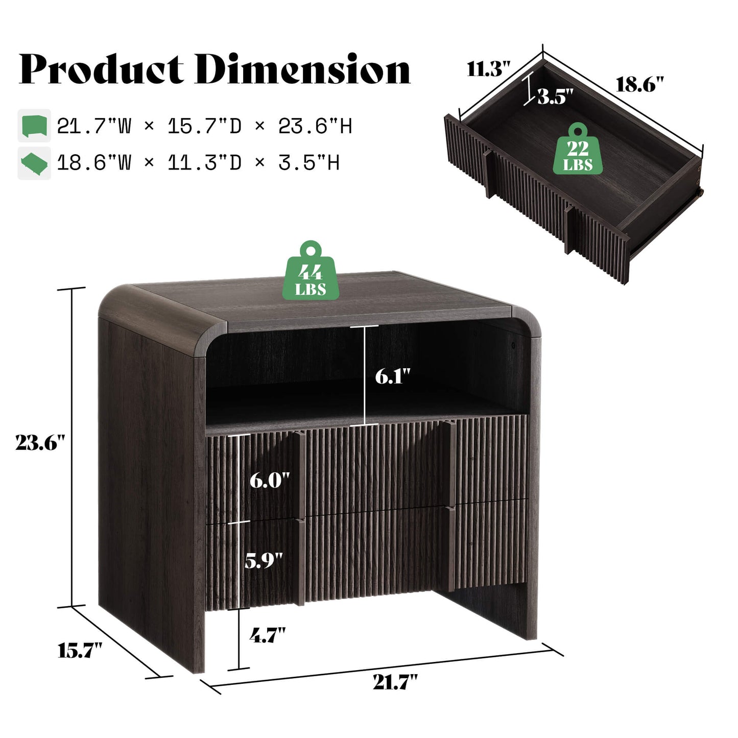 Fynora Fluted Nightstand with Drawers - Black