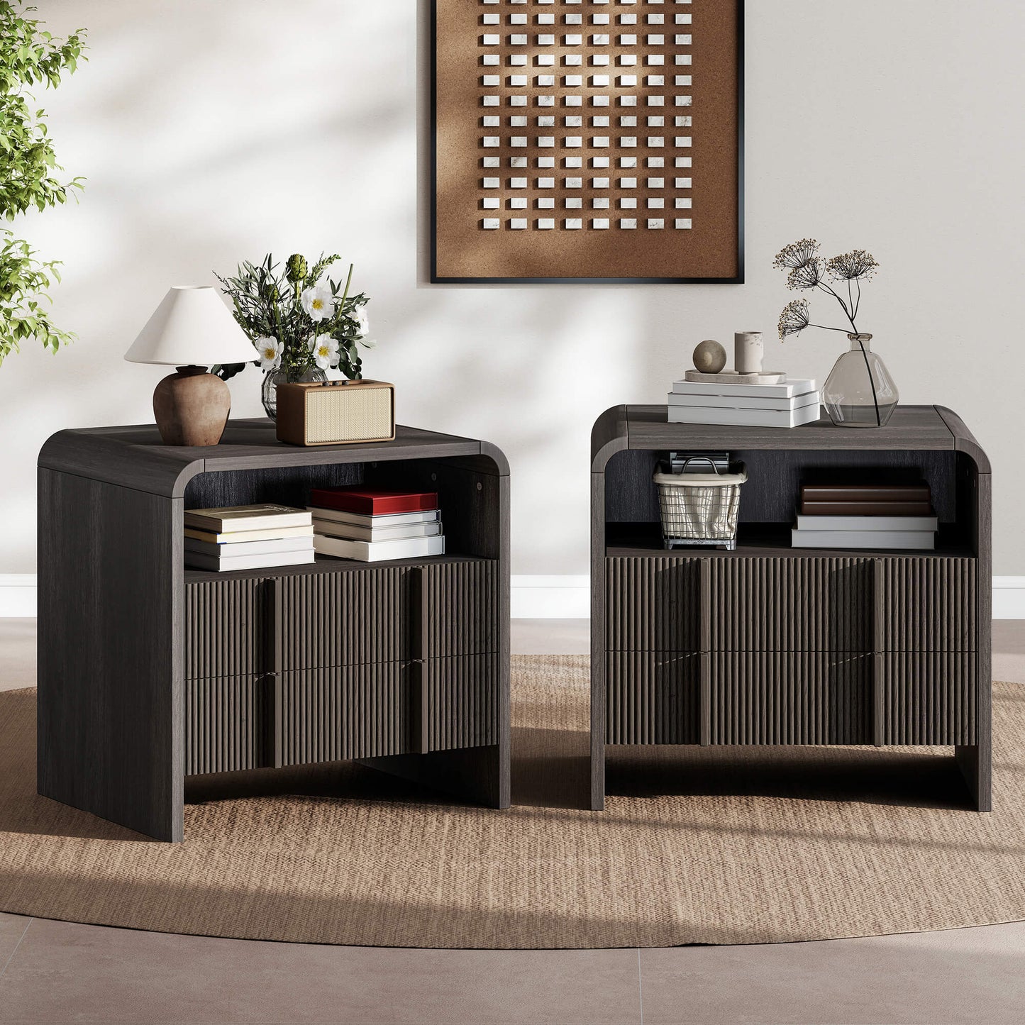 Fynora Fluted Nightstand with Drawers - Black2