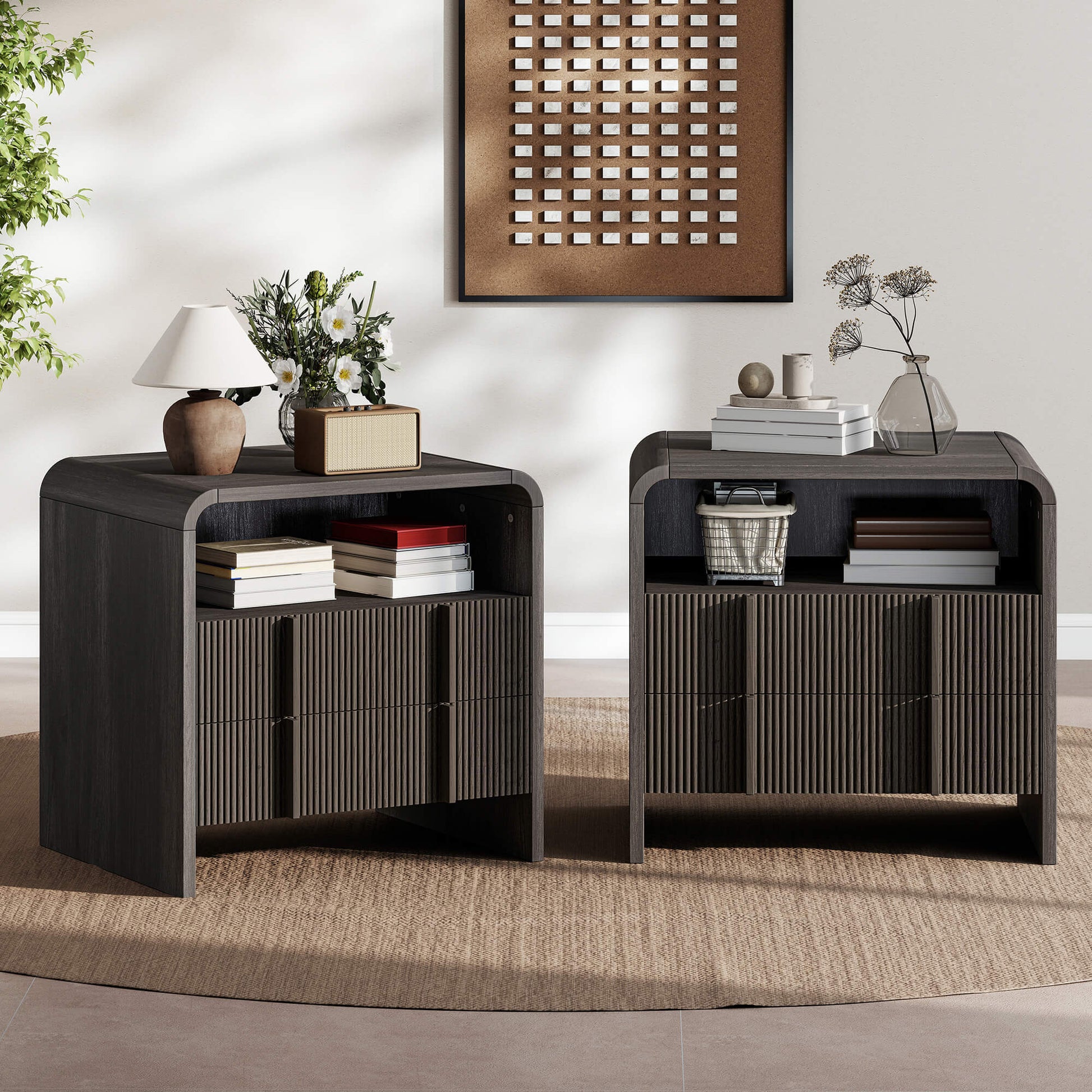 Fynora Fluted Nightstand with Drawers - Black2