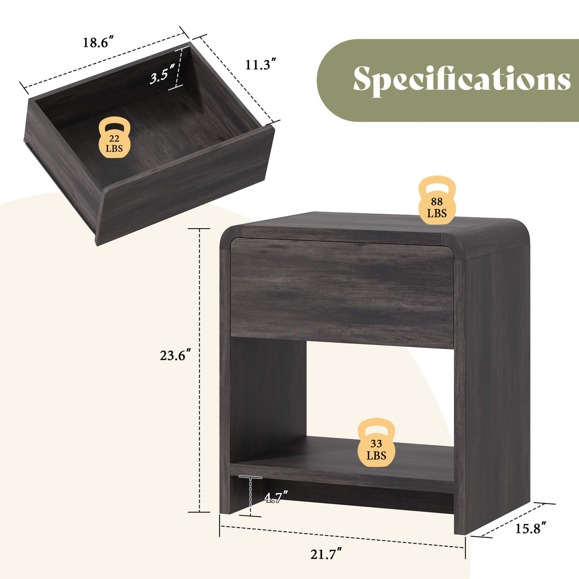 Orbia Nightstand Set with Drawer - Black