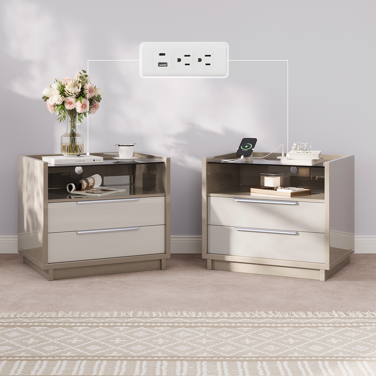 Kino Nightstands 23.6" High Gloss - Pair / White&Gray