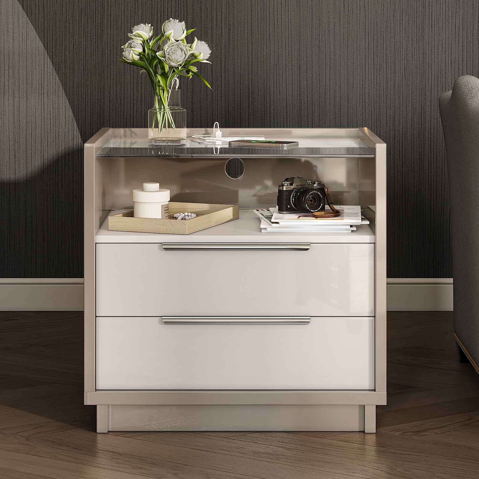 Kino Nightstands 23.6" High Gloss - Single / White&Gray