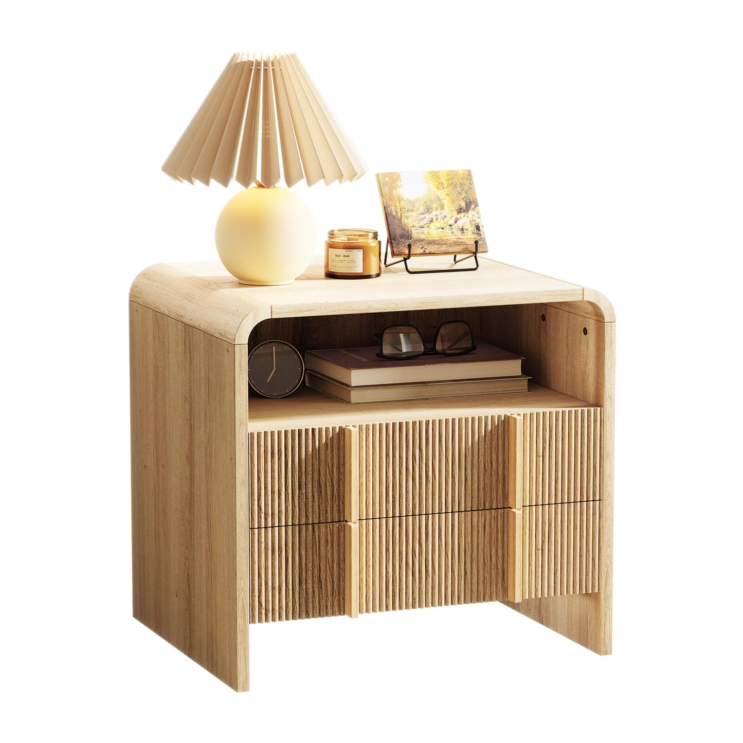 Fynora Fluted Nightstand with Drawers - Oak