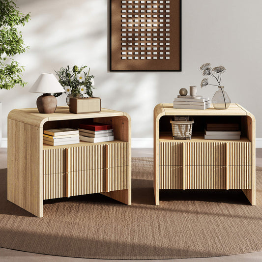 Fynora Fluted Nightstand with Drawers - Oak2