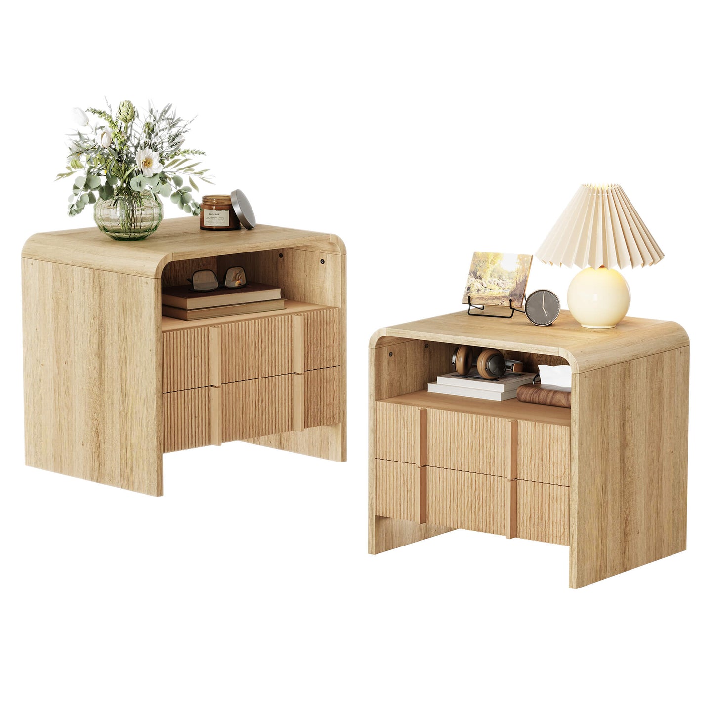 Fynora Fluted Nightstand with Drawers - Oak2