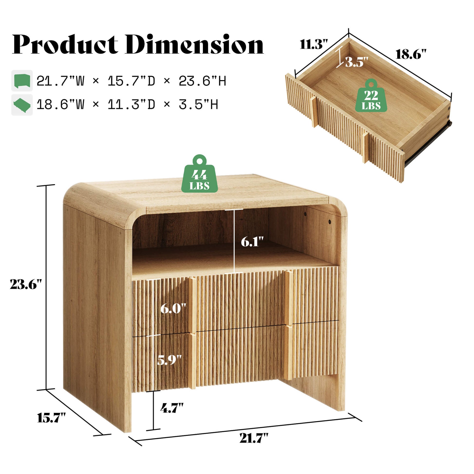 Fynora Fluted Nightstand with Drawers - Oak2