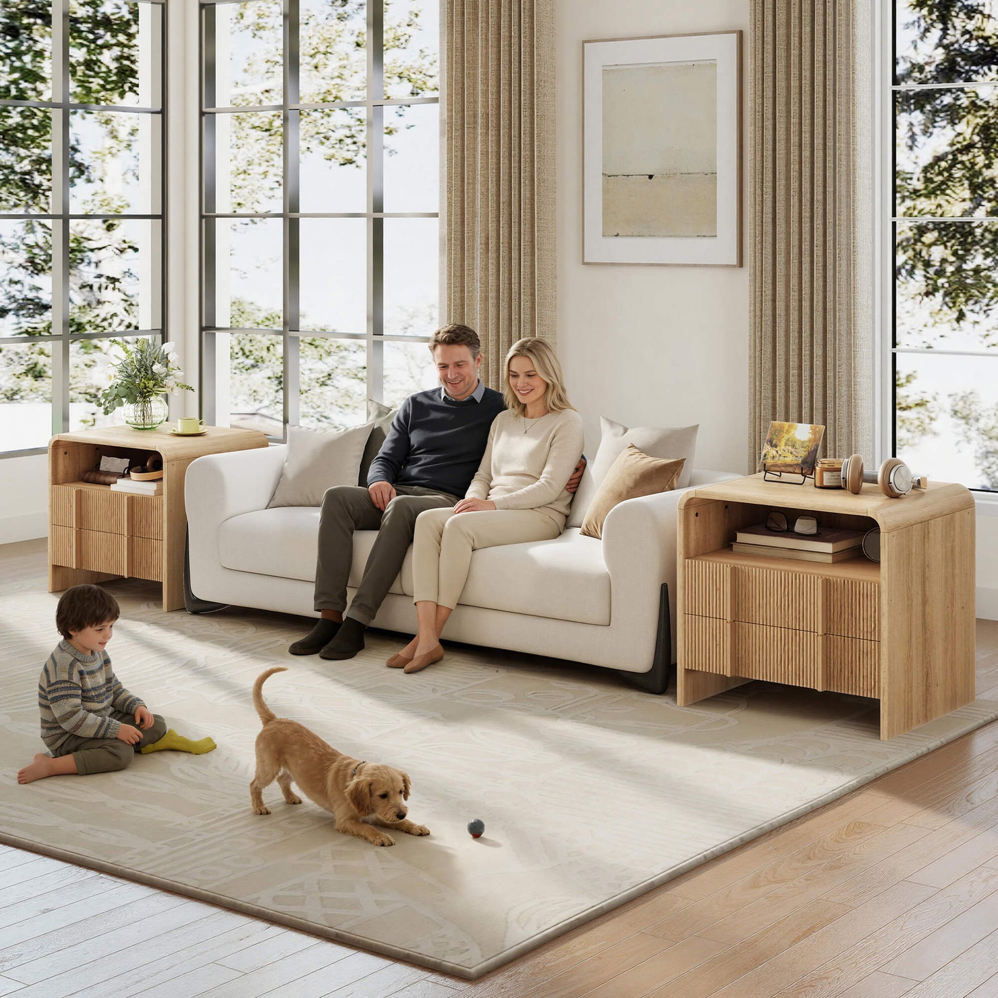 Fynora Fluted Nightstand with Drawers - Oak2