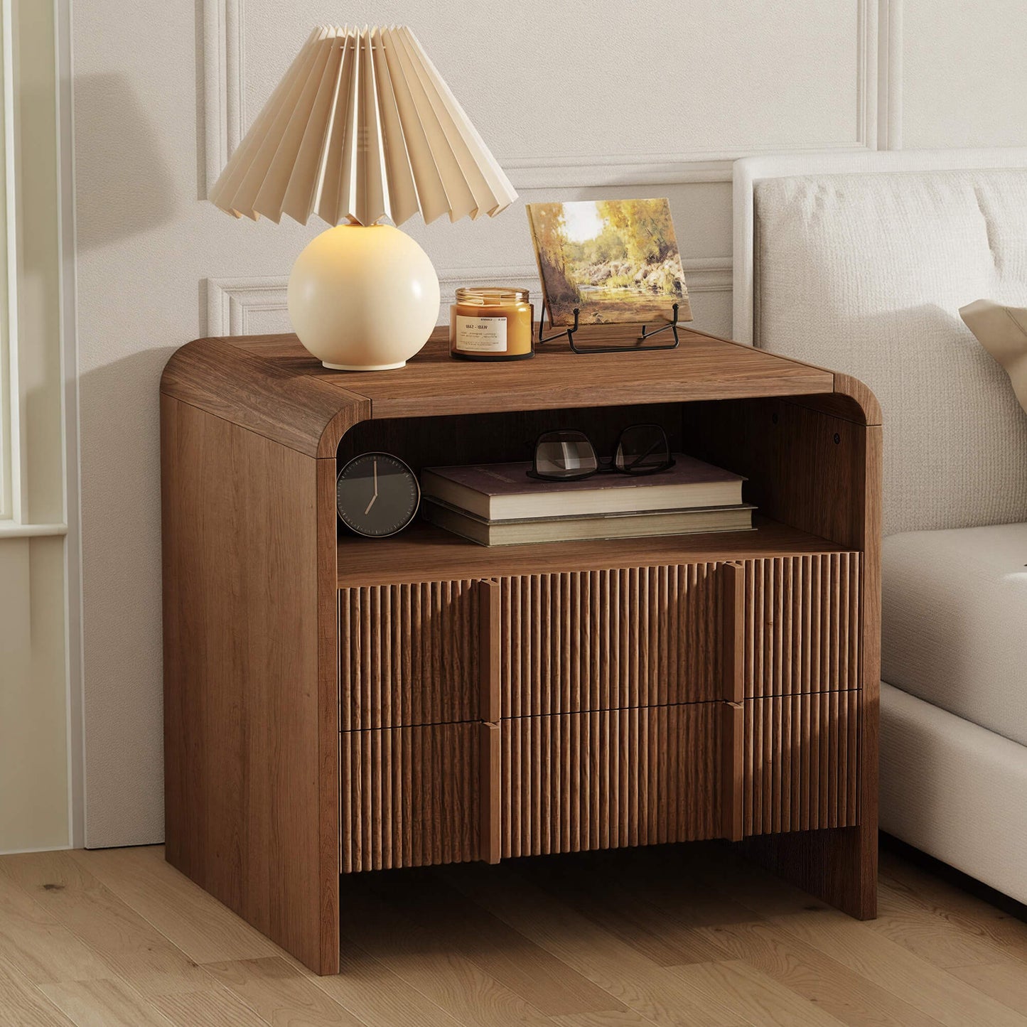 Fynora Fluted Nightstand with Drawers - Walnut