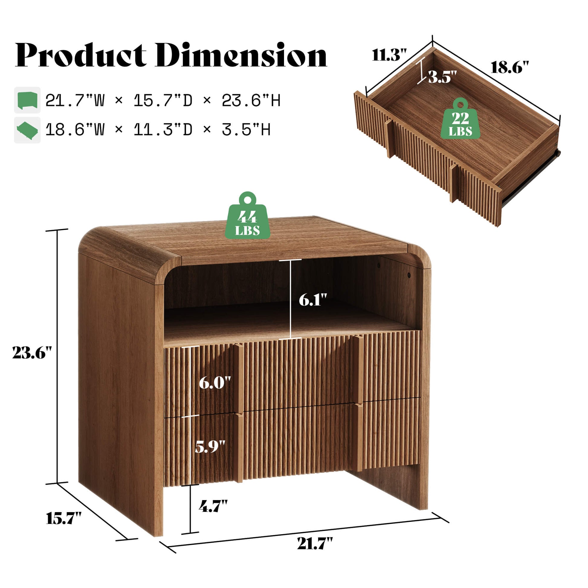 Fynora Fluted Nightstand with Drawers - Walnut
