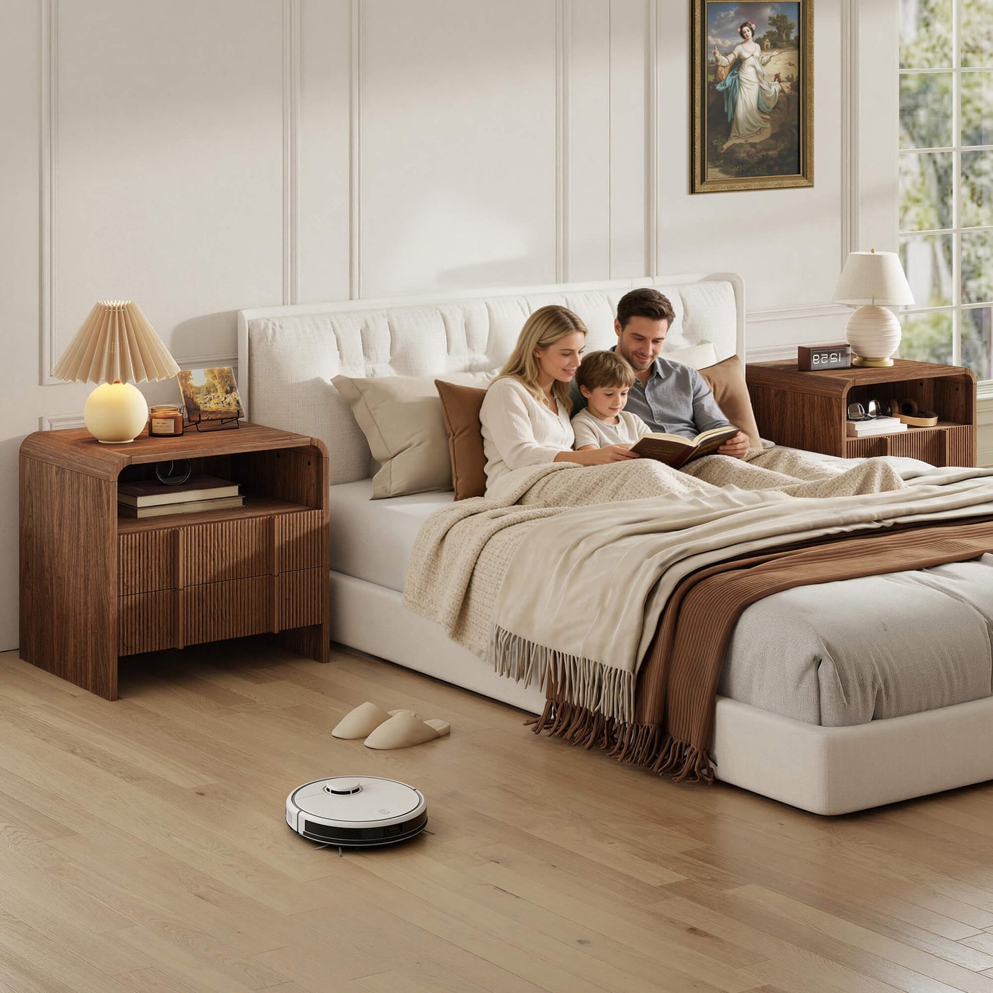 Fynora Fluted Nightstand with Drawers - Walnut