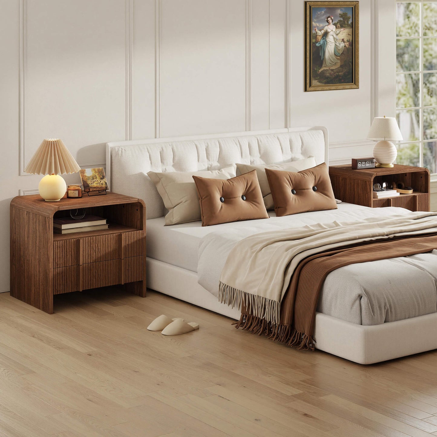 Fynora Fluted Nightstand with Drawers - Walnut