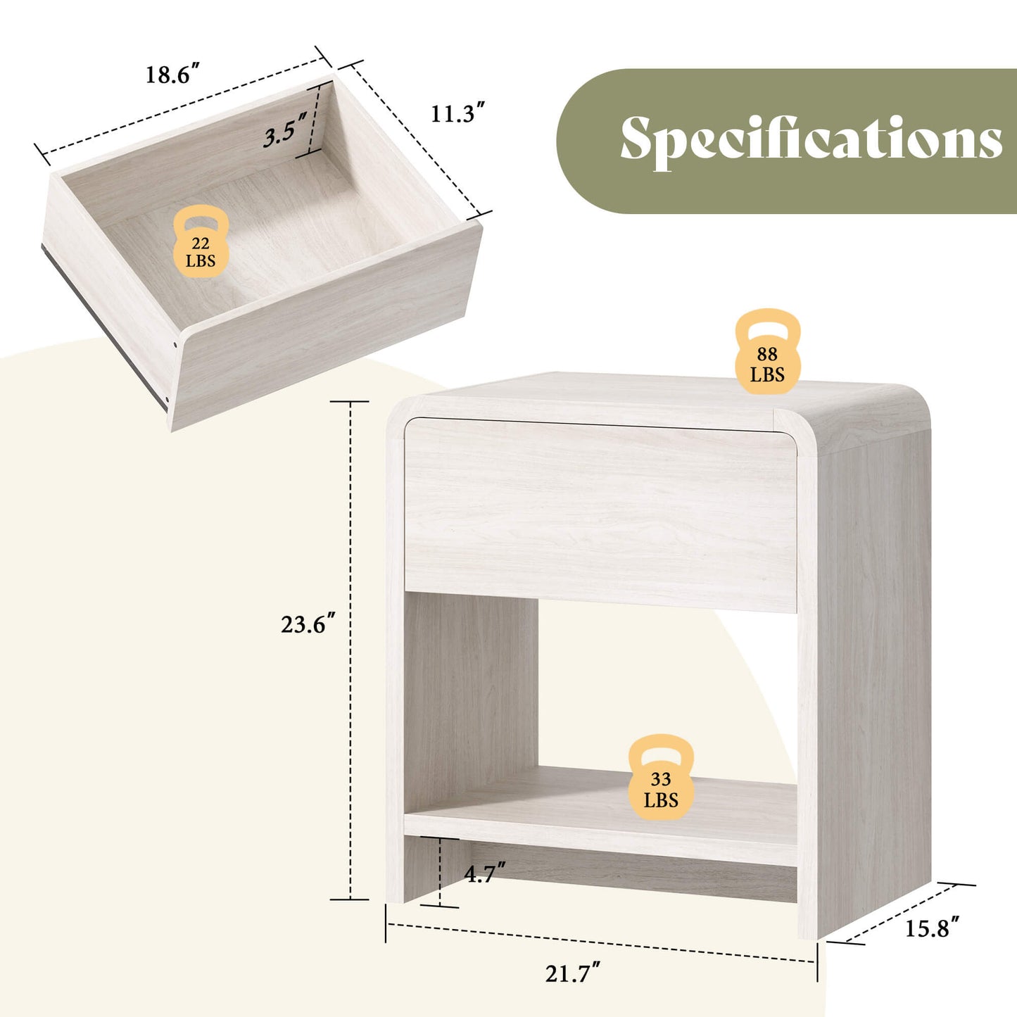 Orbia Nightstand Set with Drawer - White