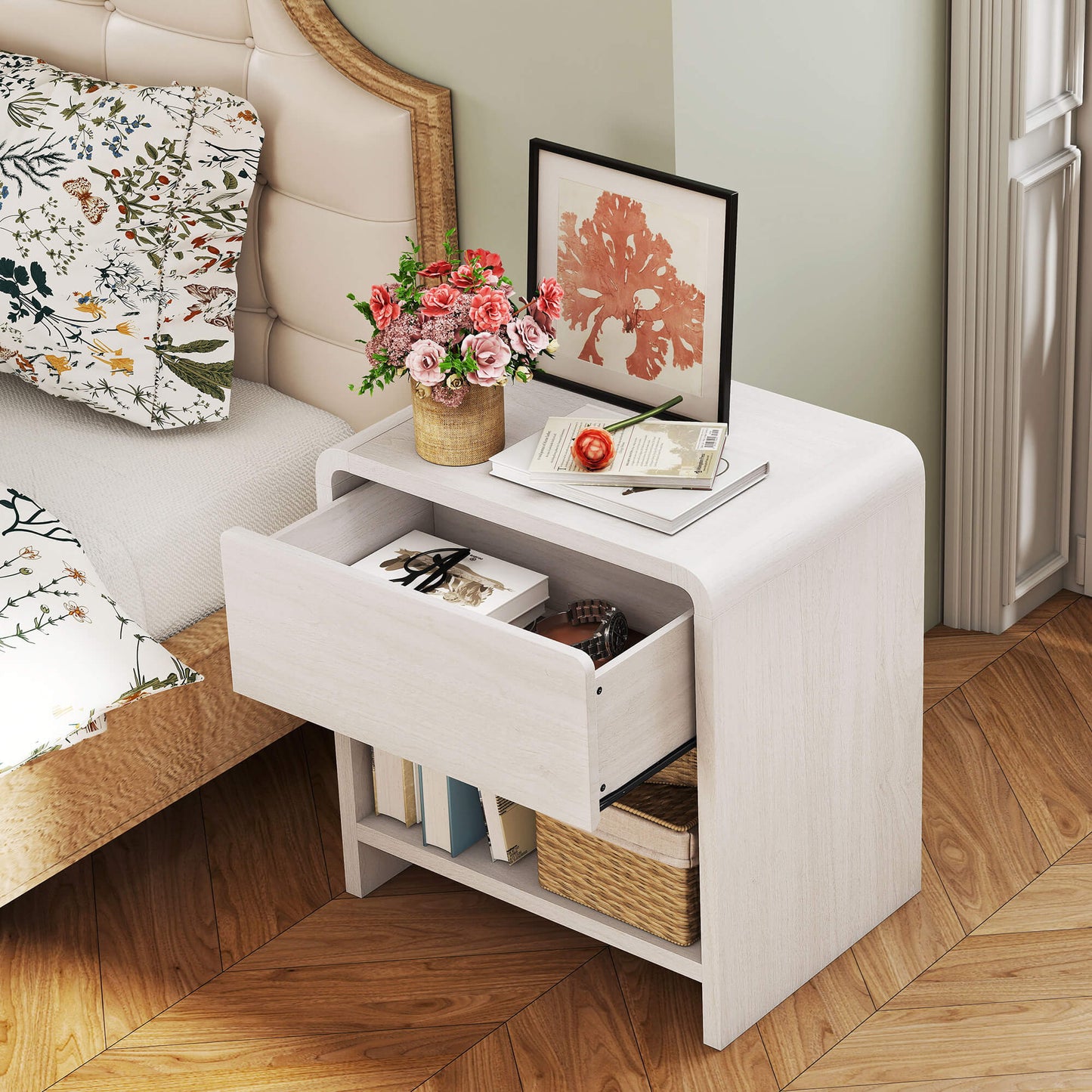Orbia Nightstand Set with Drawer - White