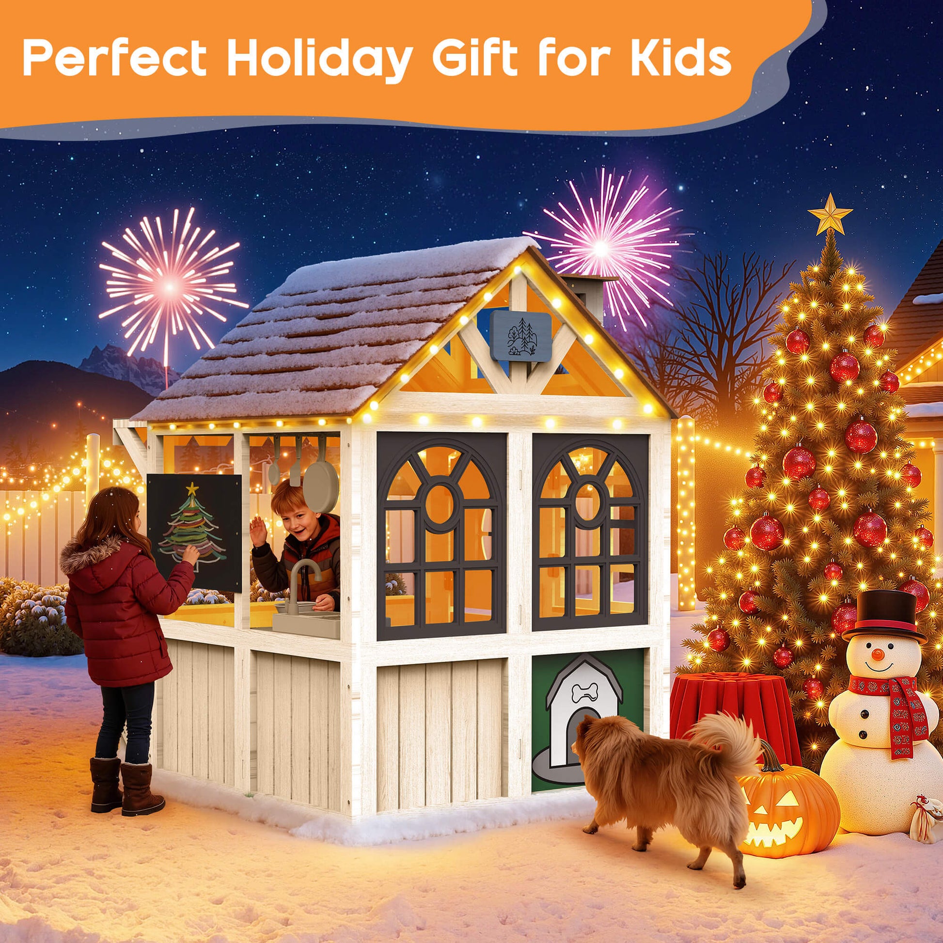 Albott Kids Outdoor Wooden Playhouse - White