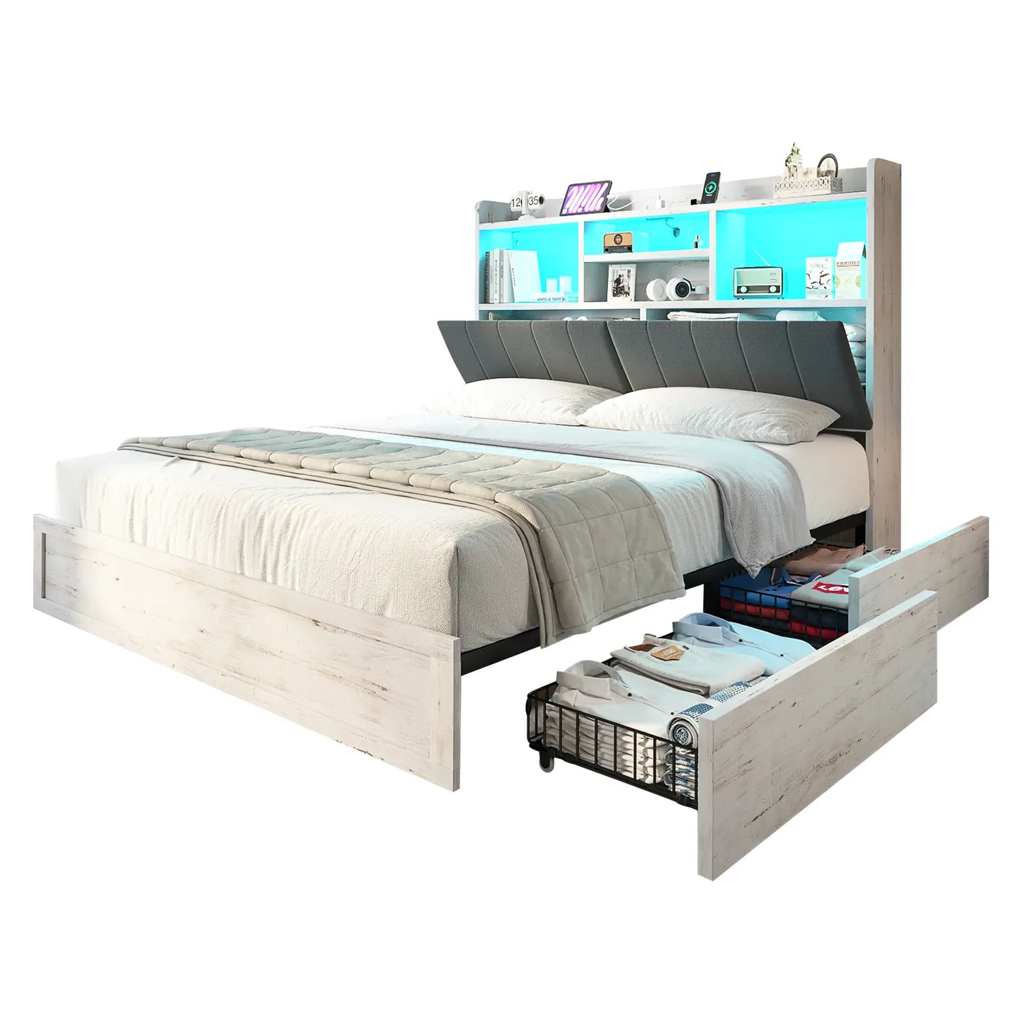 Radcliffe LED Storage Bed Frame - Queen / Rustic White