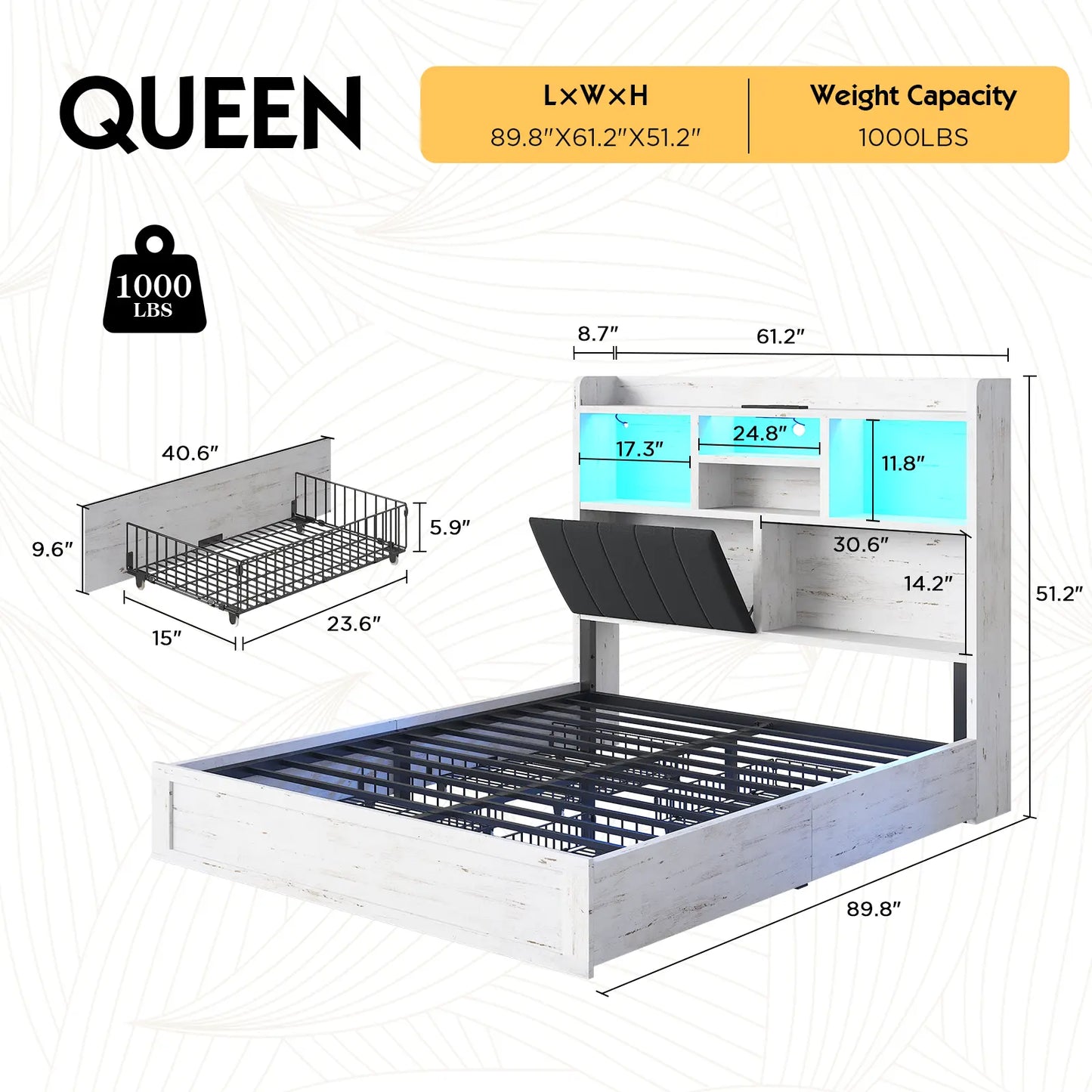 Radcliffe LED Storage Bed Frame - Queen / Rustic White