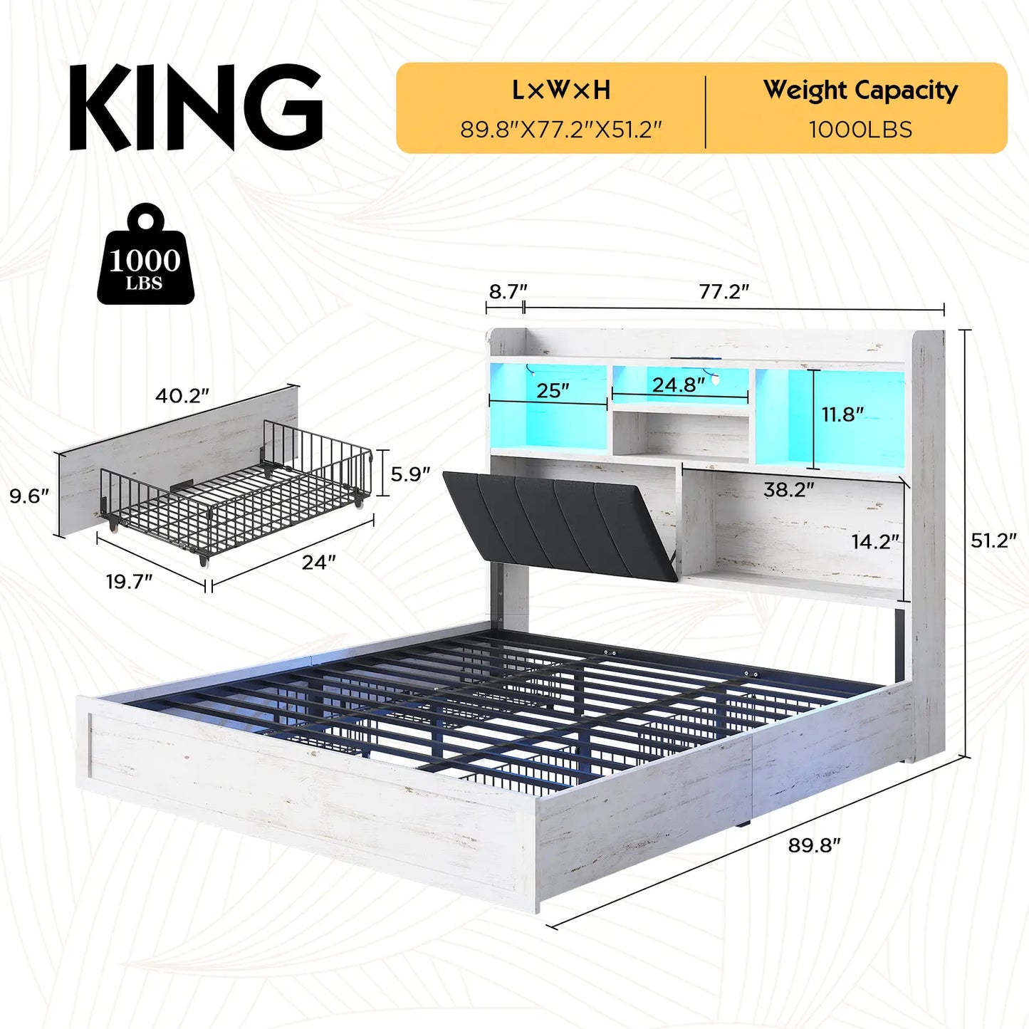 Radcliffe LED Storage Bed Frame - King / Rustic White