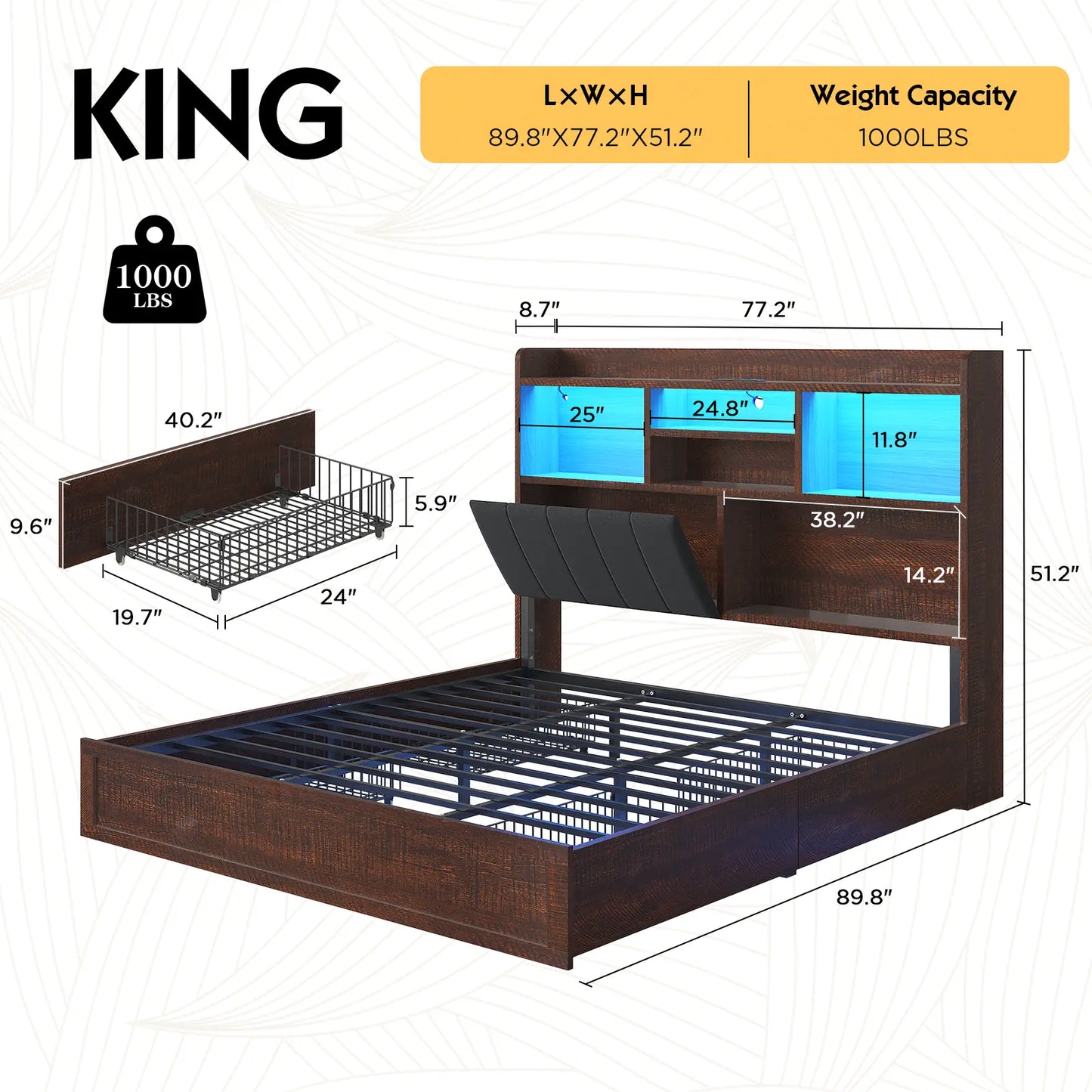 Radcliffe LED Storage Bed Frame -King / Rustic Brown