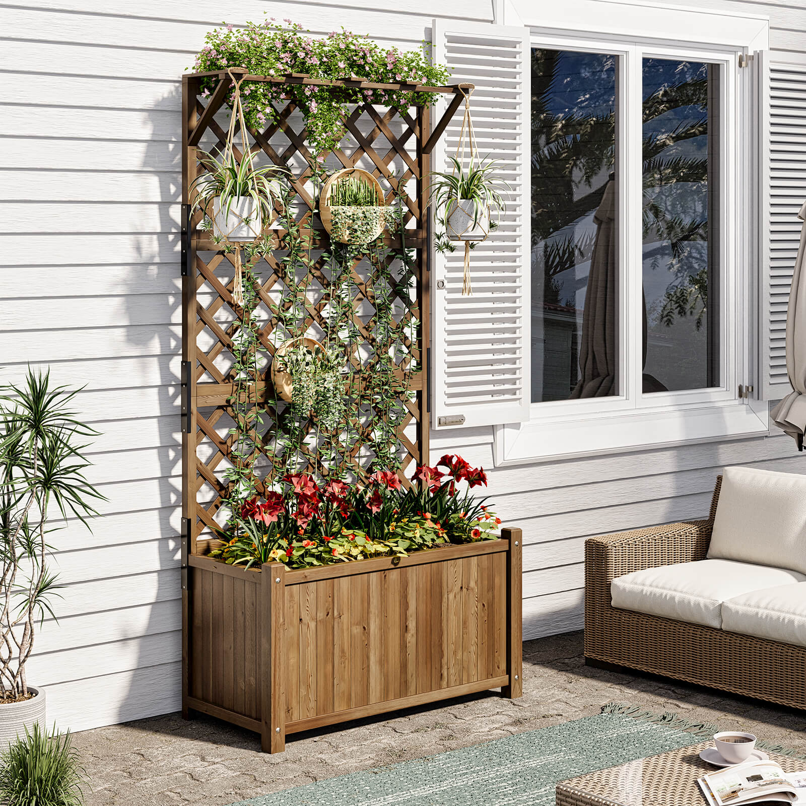 single plant trellis Amerlife Magnolia Raised Bed Outdoor Wooden iamond Lattice Deep Large Planter Box Garden Trellis Single / Wood