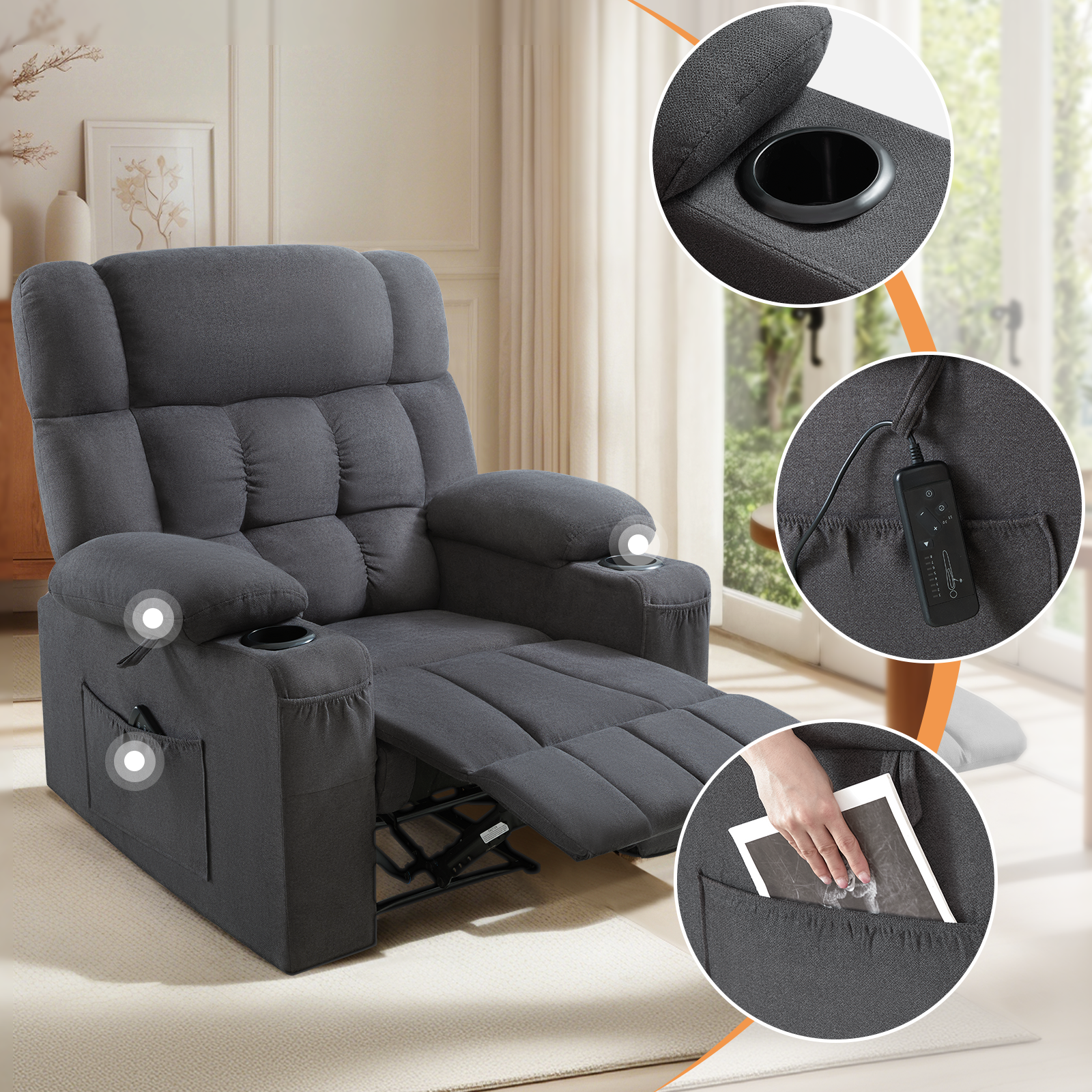 Elva Manual Recliner Chairs - Dark Grey