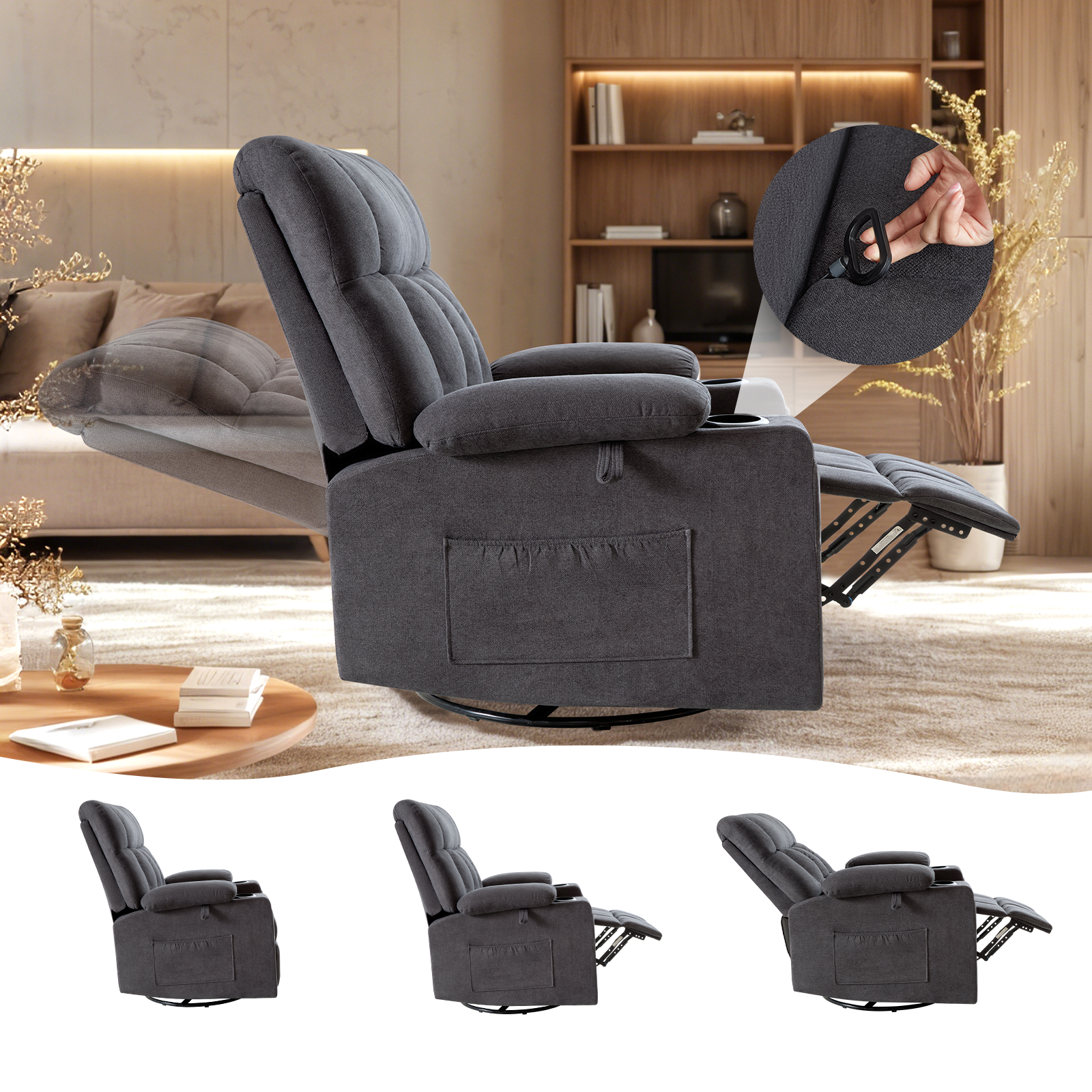 Elva Swivel Rocker Recliner Chairs - Dark Grey