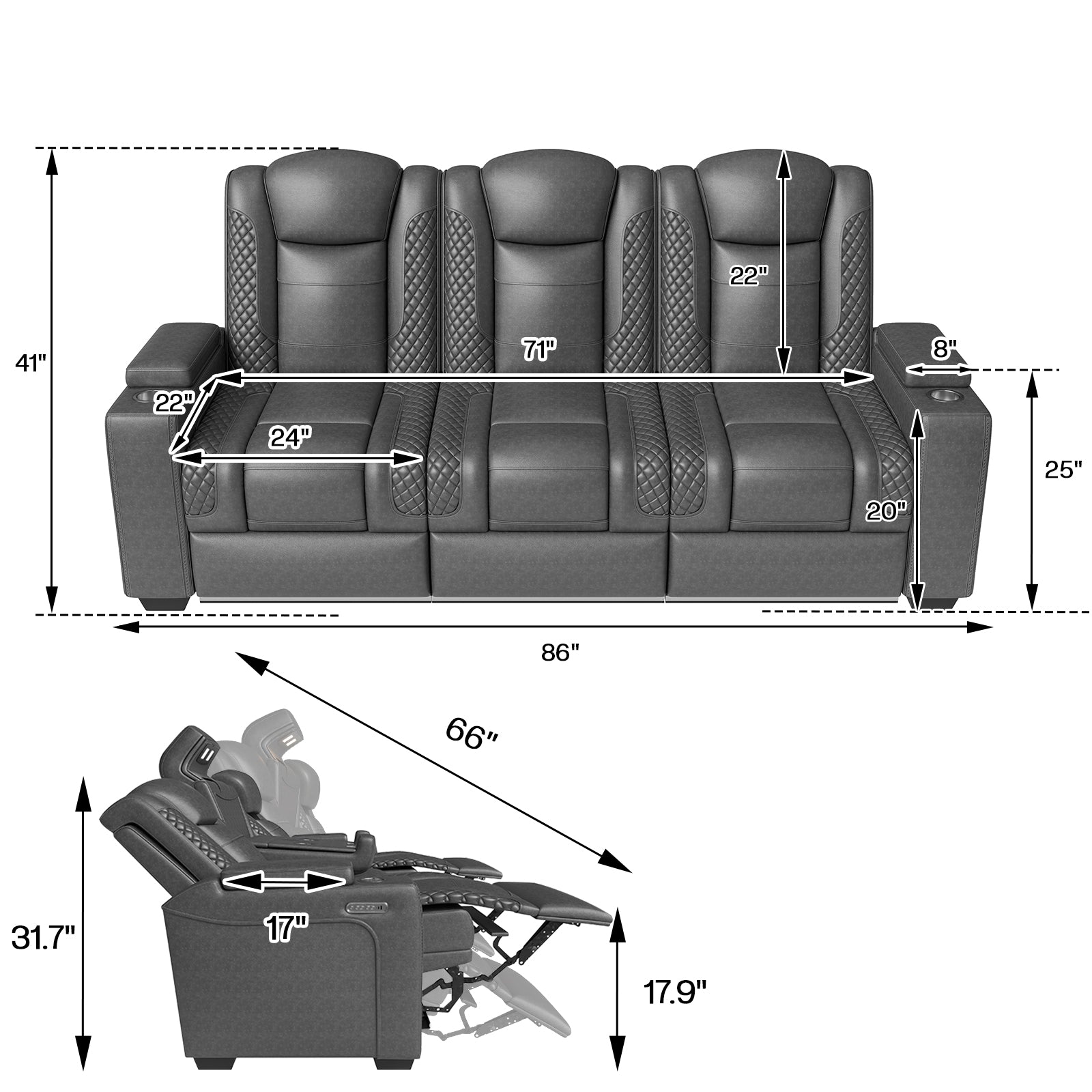 Roost Dual Motor Reclining Sofa - 3-Seater Reclining Sofa / Dark Grey