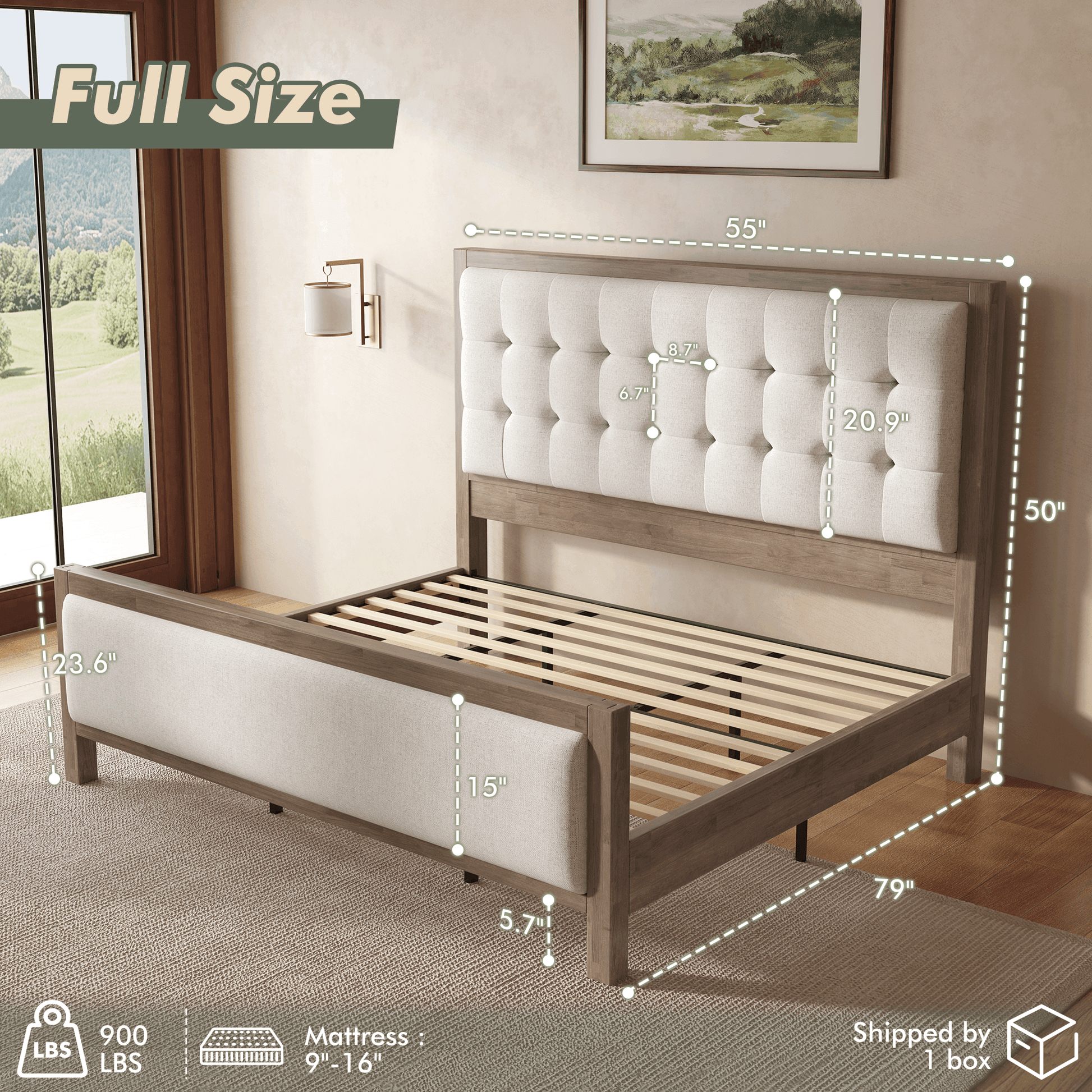 Heritage Mid-Century Solid Wood Upholstered Bed - F-GREY