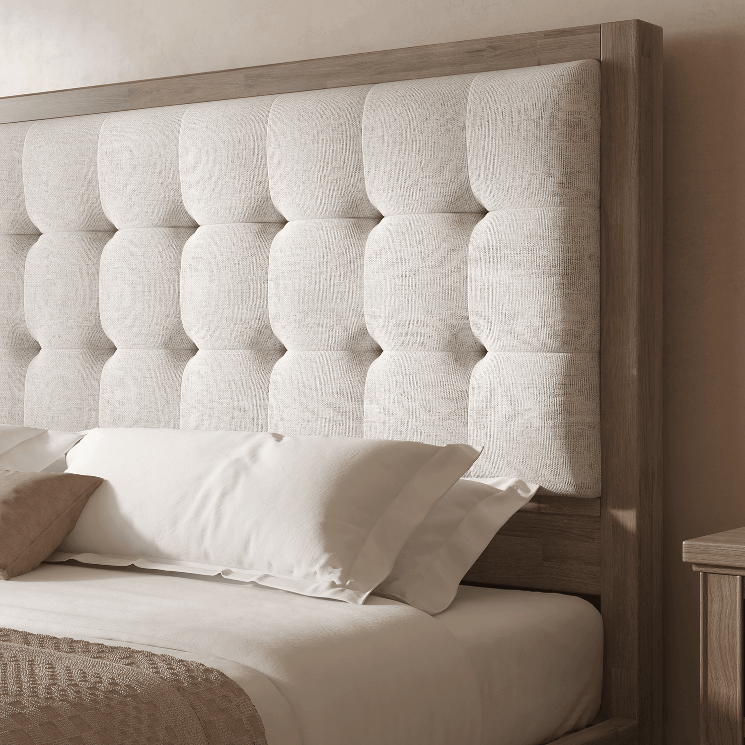 Heritage Mid-Century Solid Wood Upholstered Bed - F-GREY