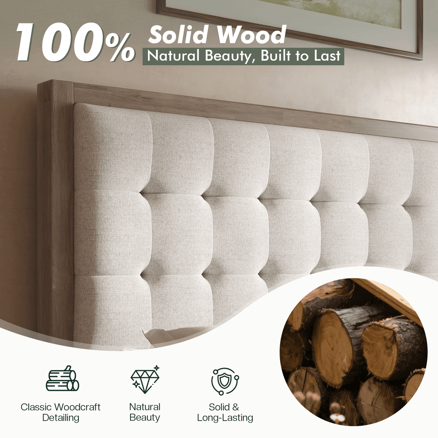 Heritage Mid-Century Solid Wood Upholstered Bed - F-GREY