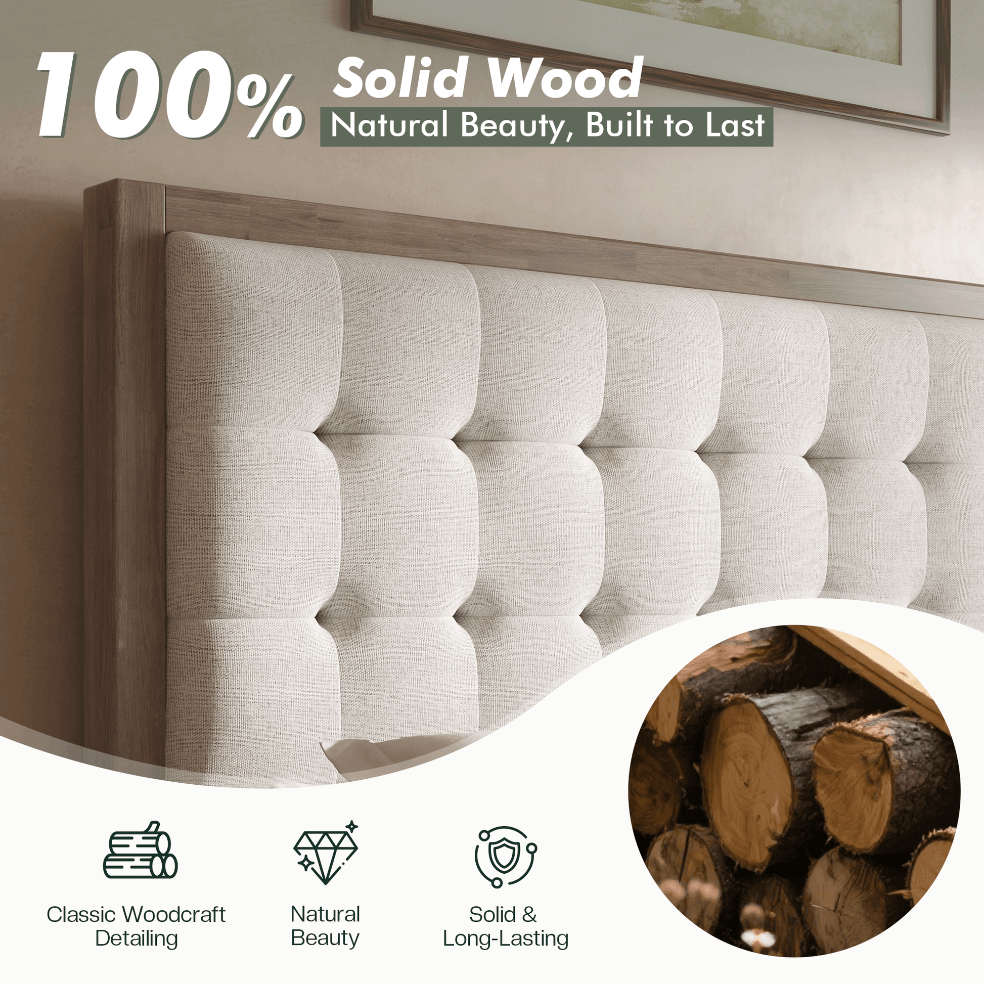Heritage Mid-Century Solid Wood Upholstered Bed - F-GREY
